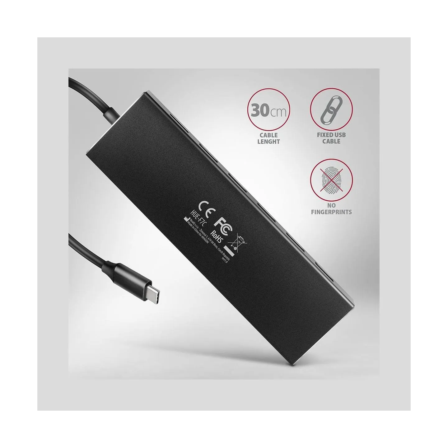 Axagon Seven-port USB 3.2 Gen 1 hub with charging support. Connector for external power supply. USB-C cable 30 cm.