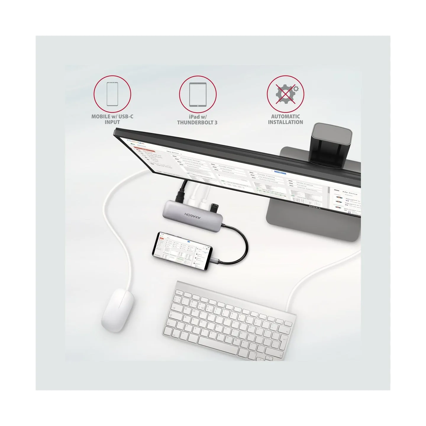 Axagon Multi port USB 3.2 Gen 1 hub. HDMI, card reader and three USB-A outputs. Cable USB-C 20 cm.