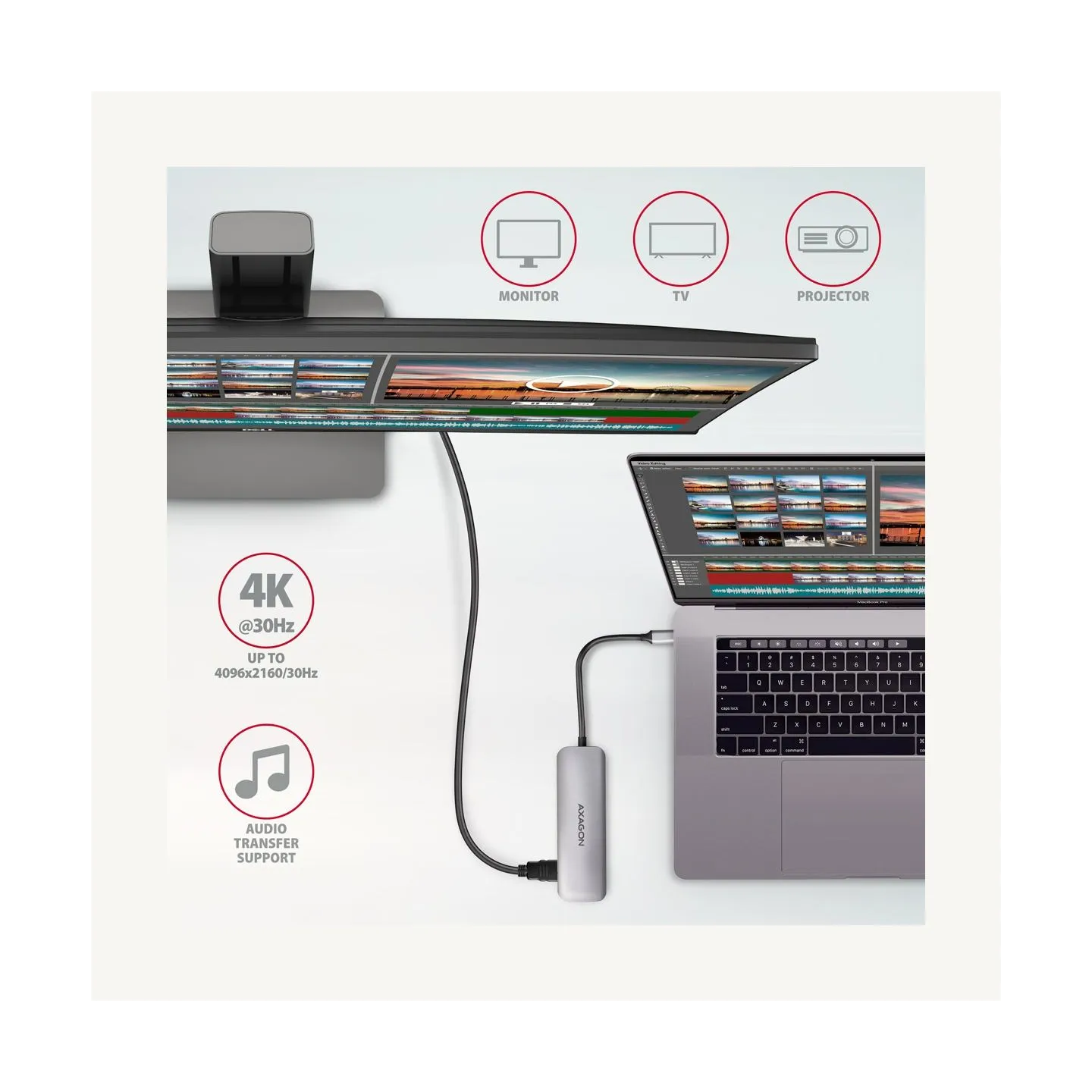 Axagon Multi port USB 3.2 Gen 1 hub. HDMI, card reader and three USB-A outputs. Cable USB-C 20 cm.