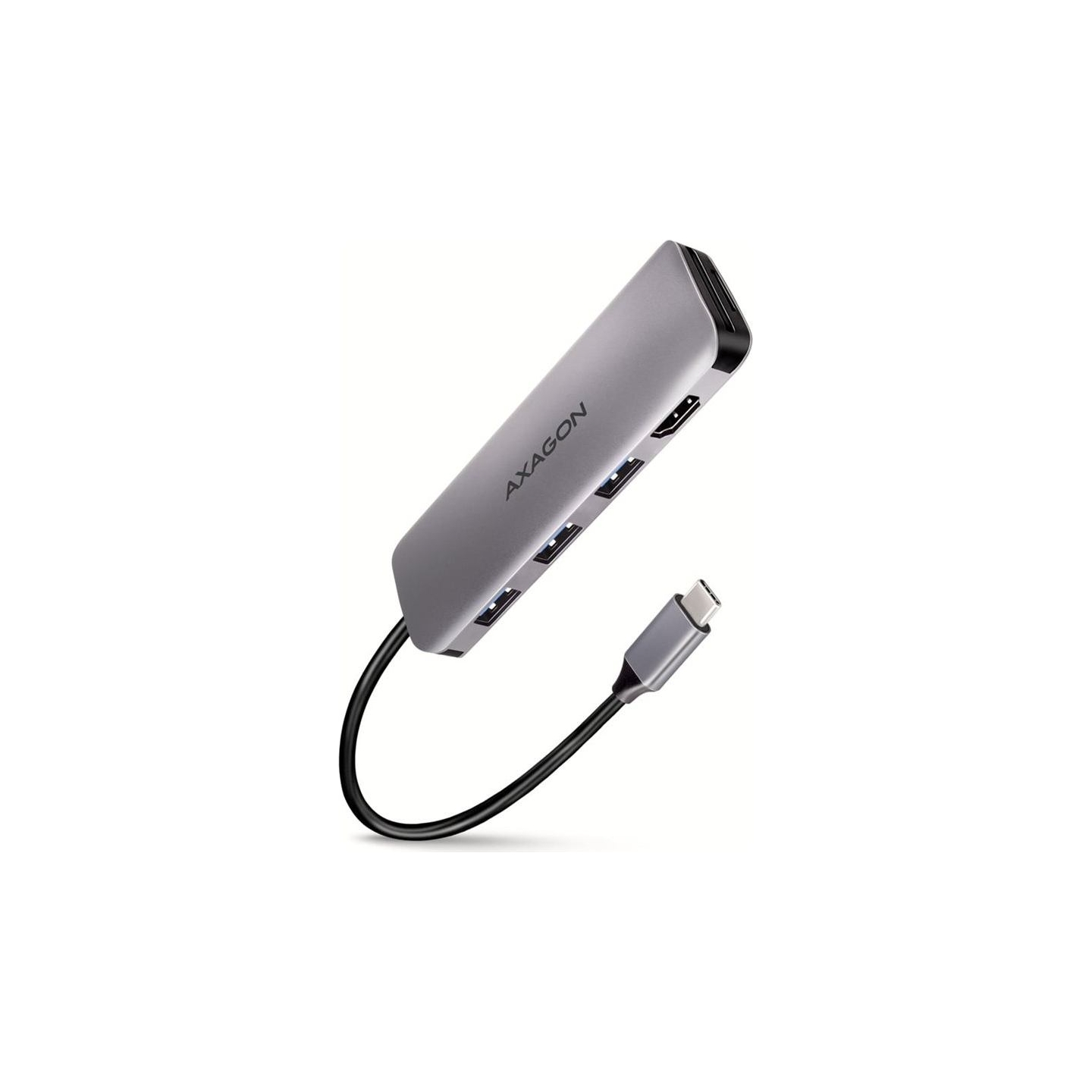 Axagon Multi port USB 3.2 Gen 1 hub. HDMI, card reader and three USB-A outputs. Cable USB-C 20 cm.