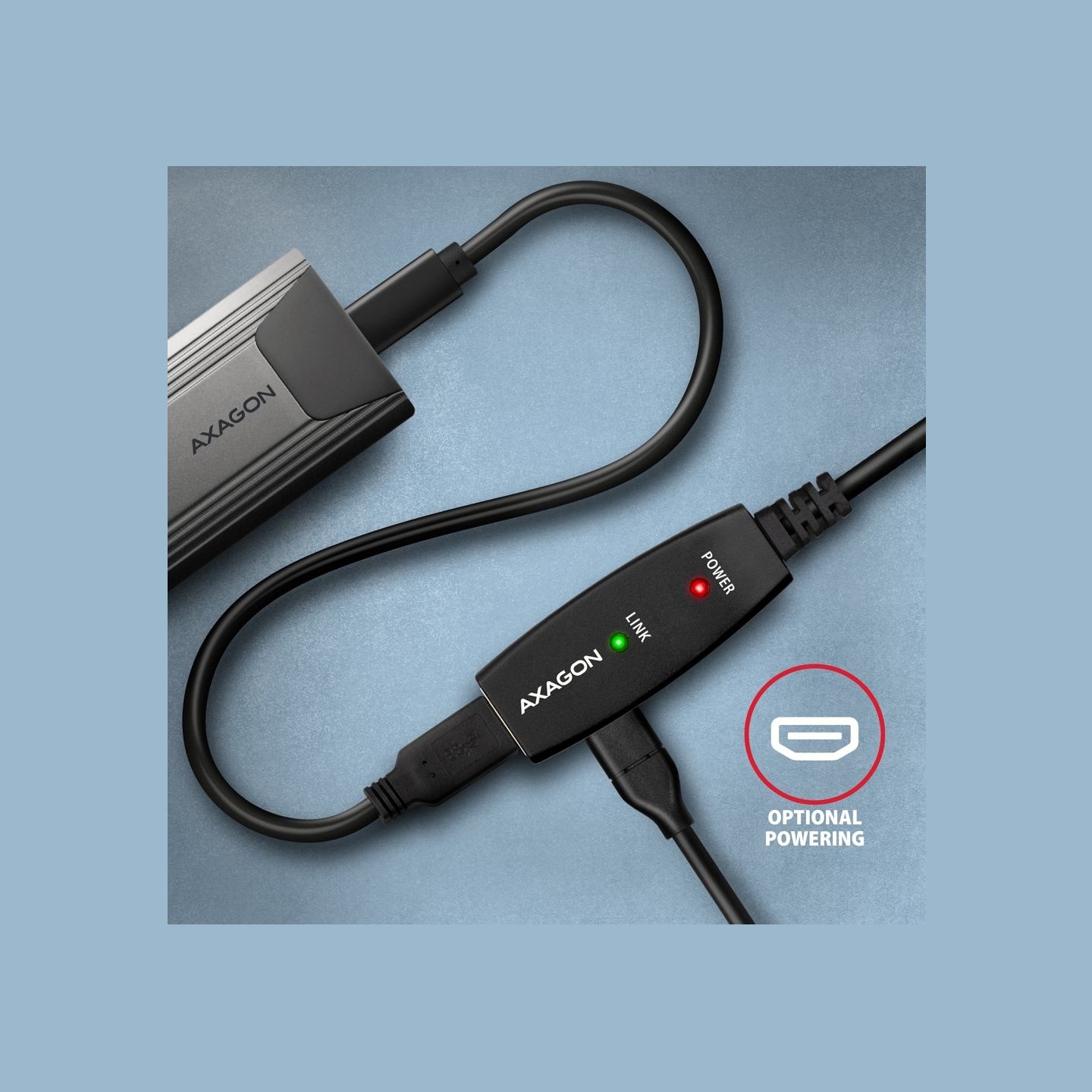 Axagon Active extension USB 3.2 Gen 1 A-M > A-F cable, 5 m long. Power supply option.