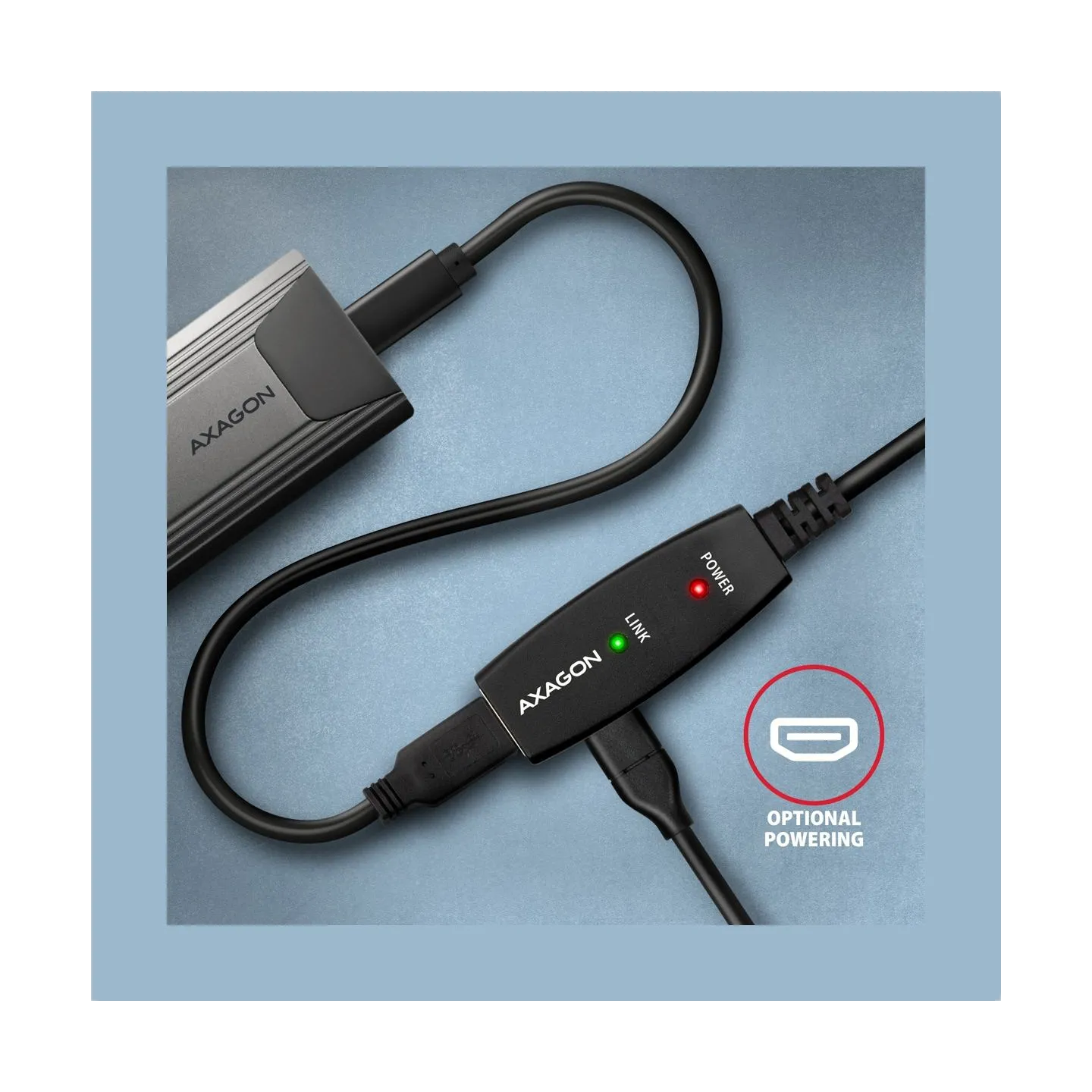 Axagon Active extension USB 3.2 Gen 1 A-M > A-F cable, 5 m long. Power supply option.