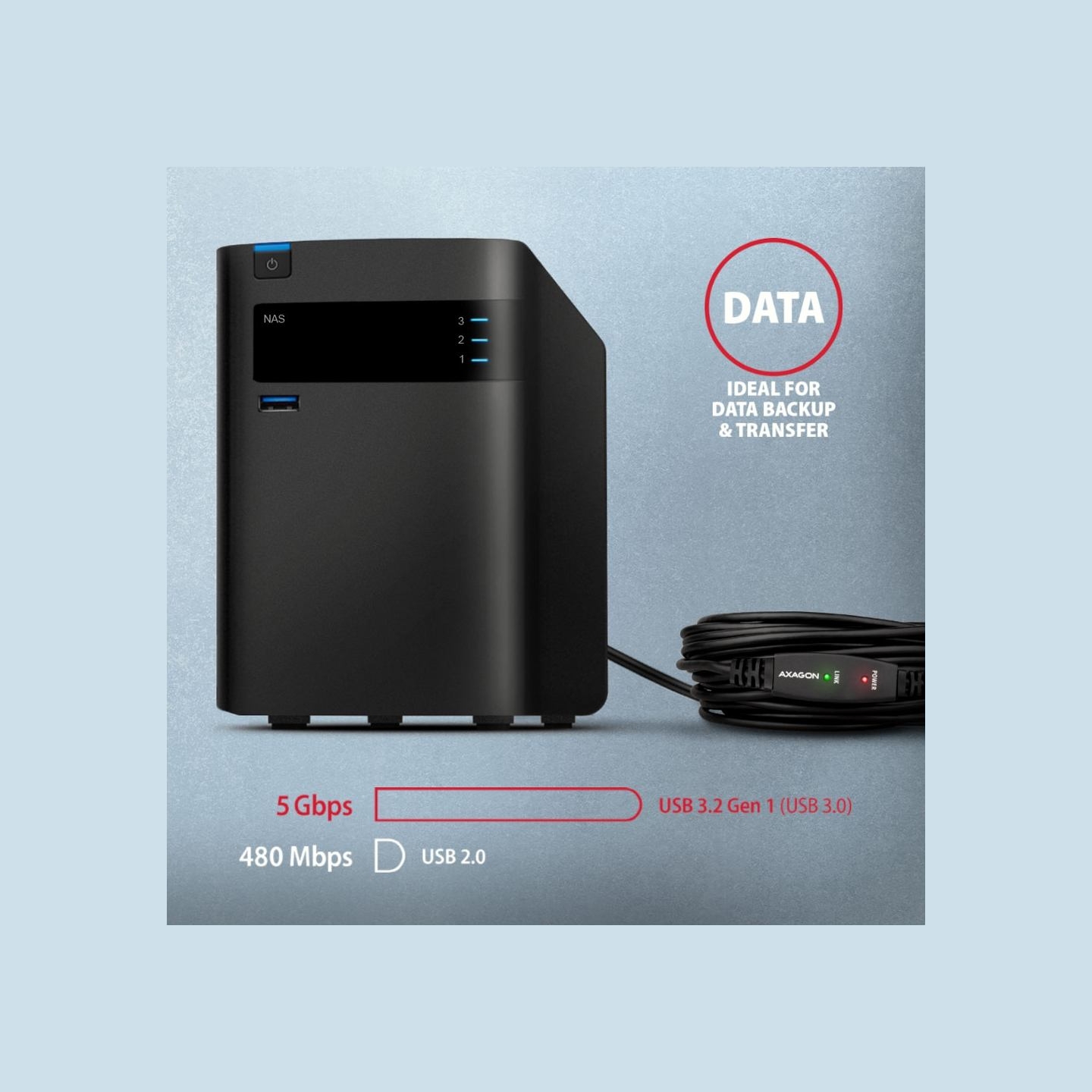 Axagon Active extension USB 3.2 Gen 1 A-M > A-F cable, 5 m long. Power supply option.