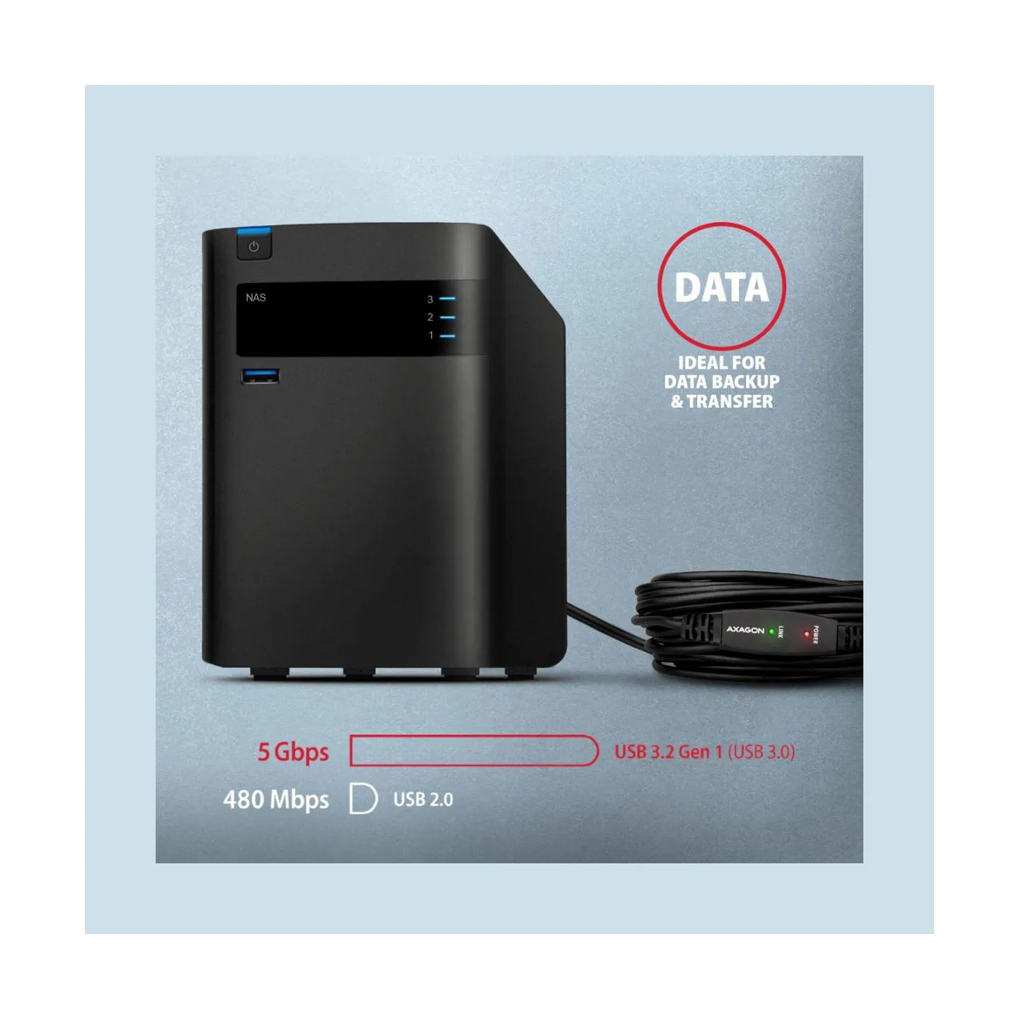 Axagon Active extension USB 3.2 Gen 1 A-M > A-F cable, 5 m long. Power supply option.