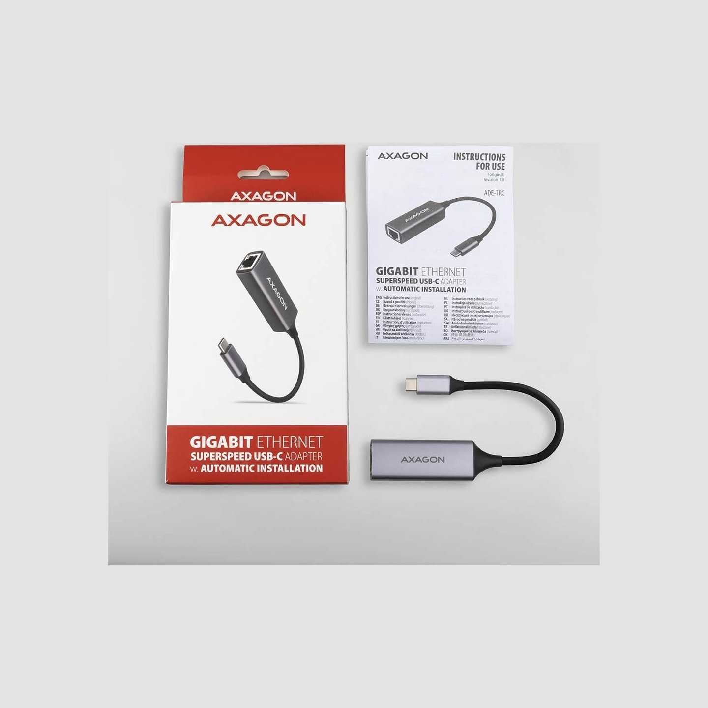 Axagon ADE-TRC Type-C USB3.2 Gen 1 - Gigabit Ethernet 10/100/1000 Adapter, metal, titan grey