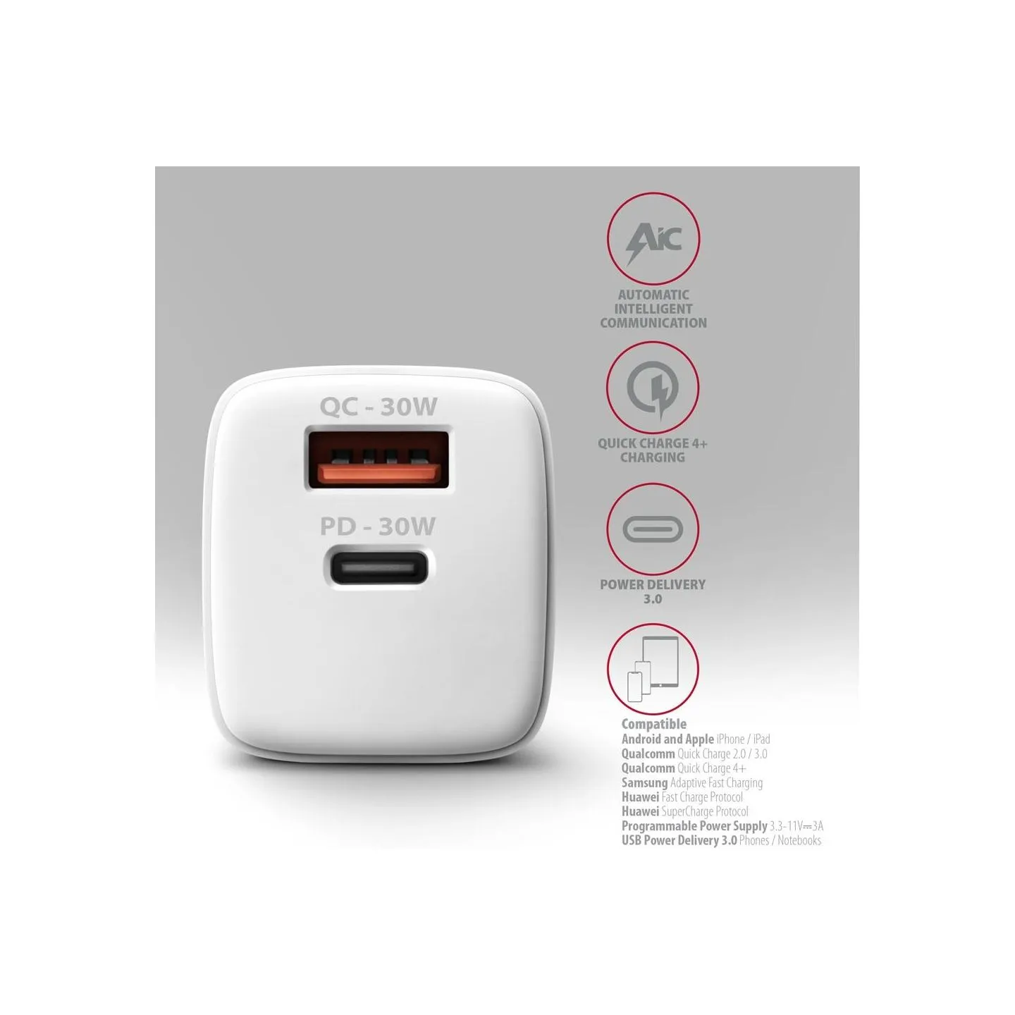 Axagon Sil wallcharger 2x port (USB-A + USB-C), PD3.0/QC4+/PPS/AFC/Apple. 30W total power.