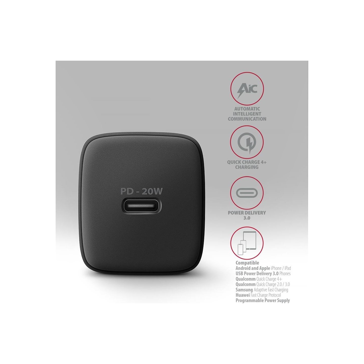 Axagon ACU-PD20 wall charger 1x QC3.0/AFC/FCP/PD type-C, 20W, black