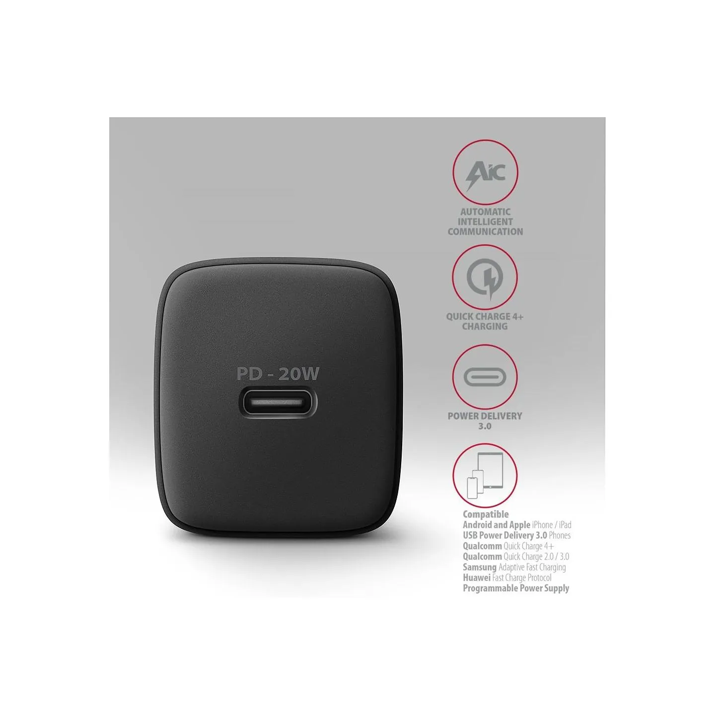Axagon ACU-PD20 wall charger 1x QC3.0/AFC/FCP/PD type-C, 20W, black