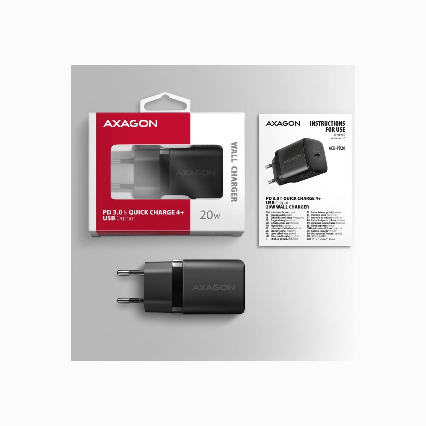 Axagon ACU-PD20 wall charger 1x QC3.0/AFC/FCP/PD type-C, 20W, black