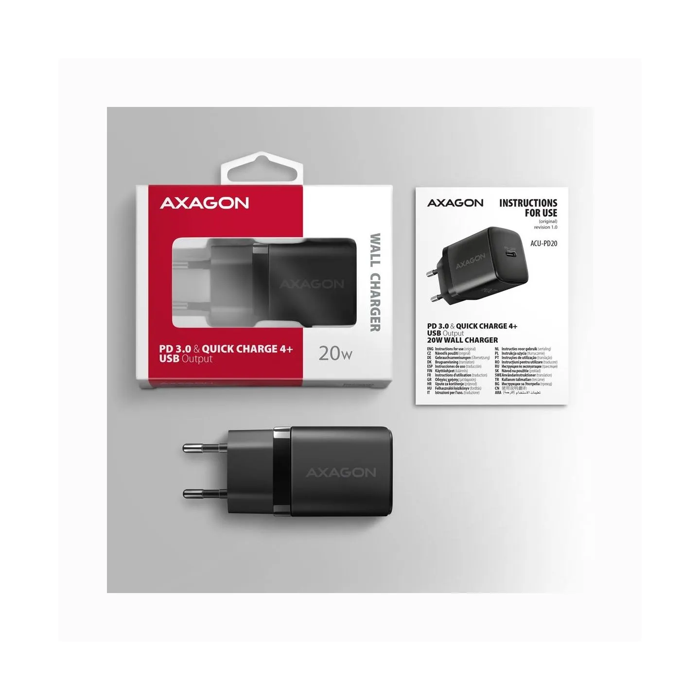 Axagon ACU-PD20 wall charger 1x QC3.0/AFC/FCP/PD type-C, 20W, black