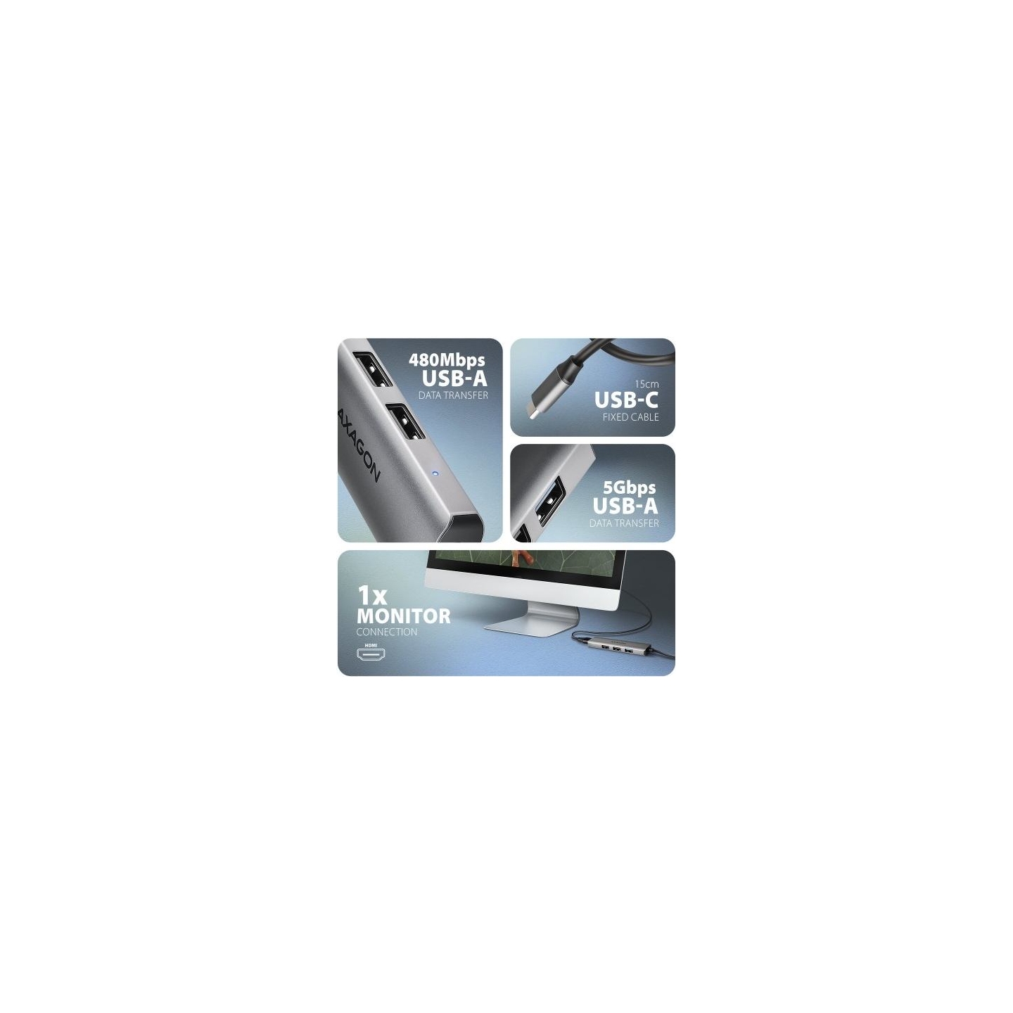 Axagon HMC-H3A USB hub 4in1 5Gbps HDMI 3xUSB-A USB-