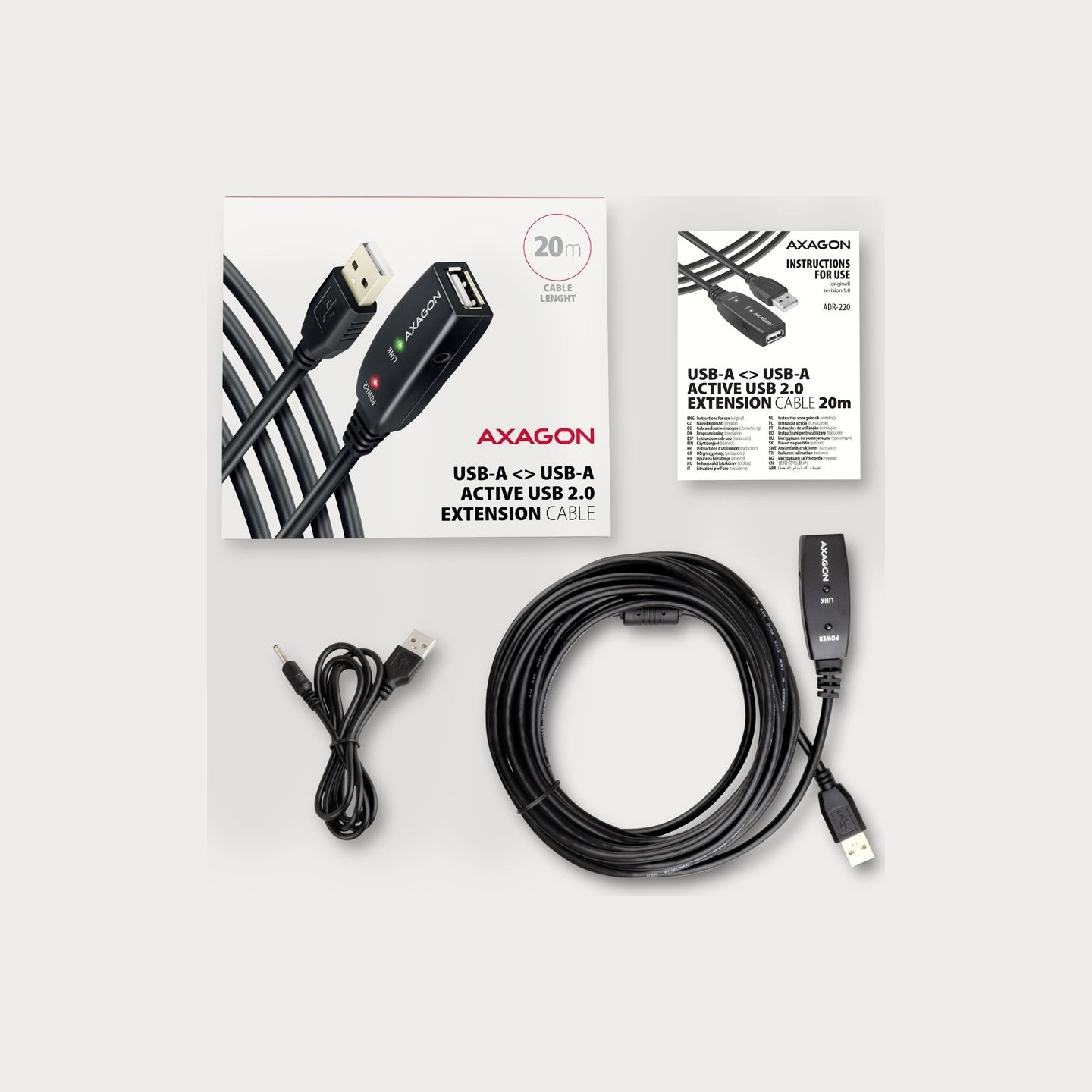 Axagon ADR-220 Active extension USB 2.0 A-M > A-F cable, 20 m long. Power supply option.