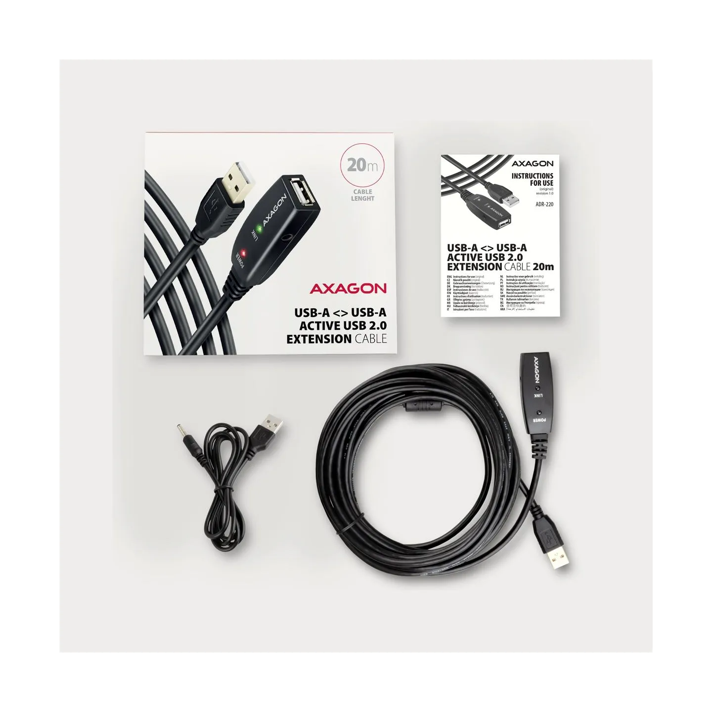 Axagon ADR-220 Active extension USB 2.0 A-M > A-F cable, 20 m long. Power supply option.