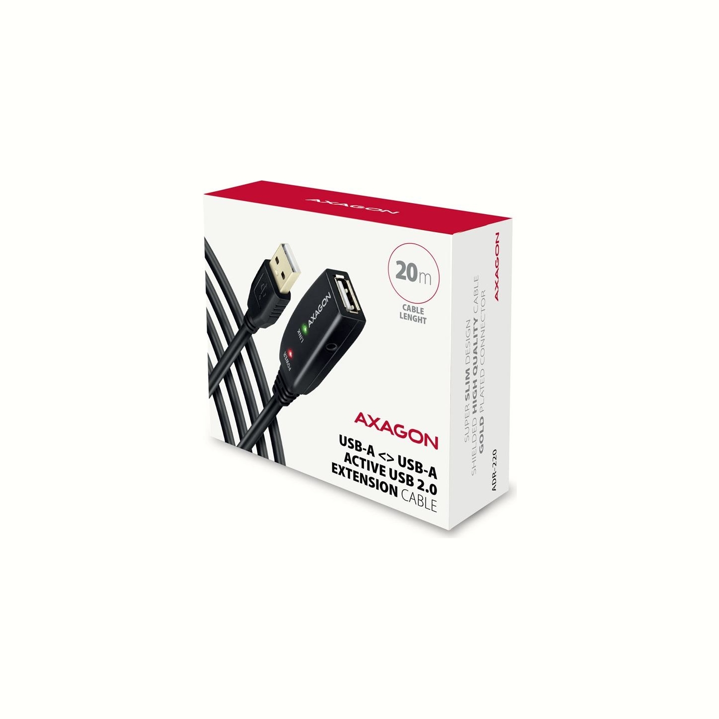 Axagon ADR-220 Active extension USB 2.0 A-M > A-F cable, 20 m long. Power supply option.