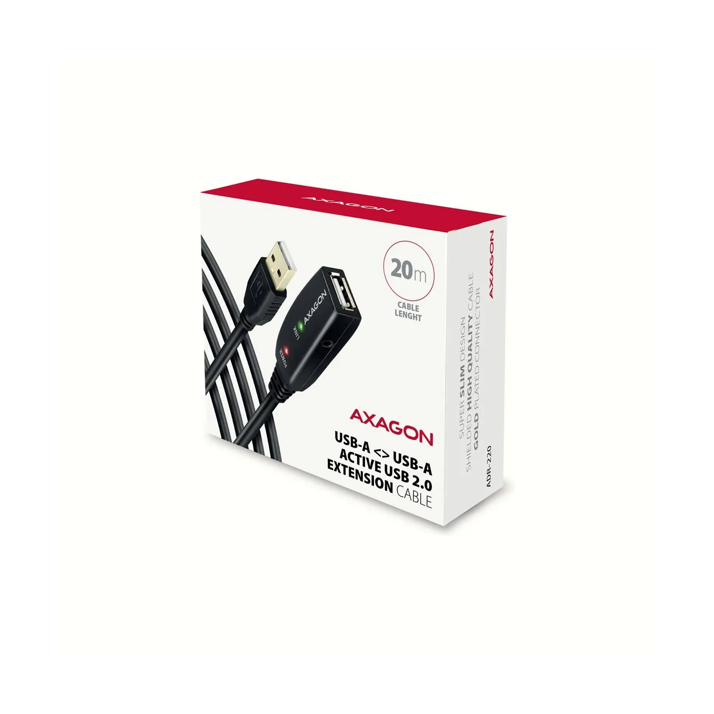 Axagon ADR-220 Active extension USB 2.0 A-M > A-F cable, 20 m long. Power supply option.