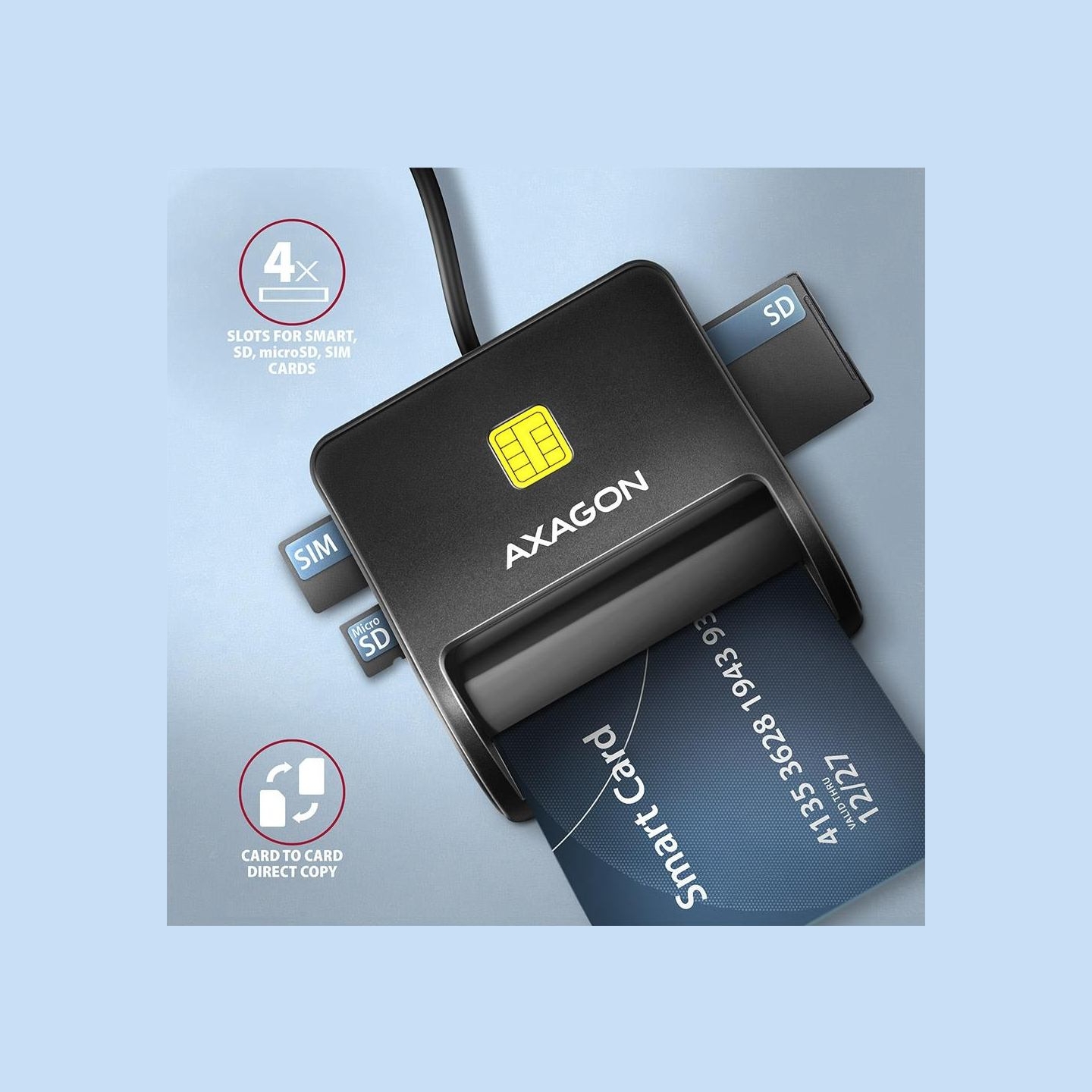 Axagon Compact desktop USB contact Smart/ID & SD/microSD/SIM card reader with long USB-A cable.