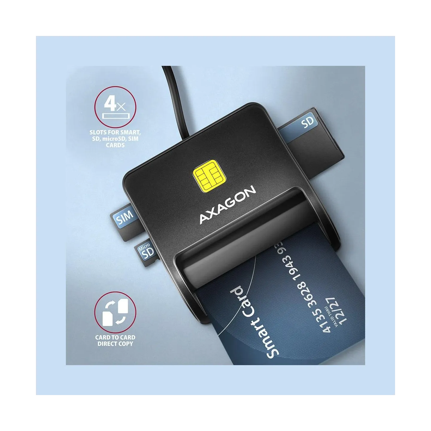 Axagon Compact desktop USB contact Smart/ID & SD/microSD/SIM card reader with long USB-A cable.