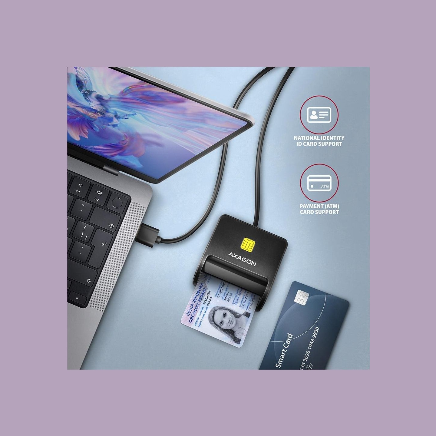 Axagon Compact desktop USB contact Smart/ID & SD/microSD/SIM card reader with long USB-A cable.