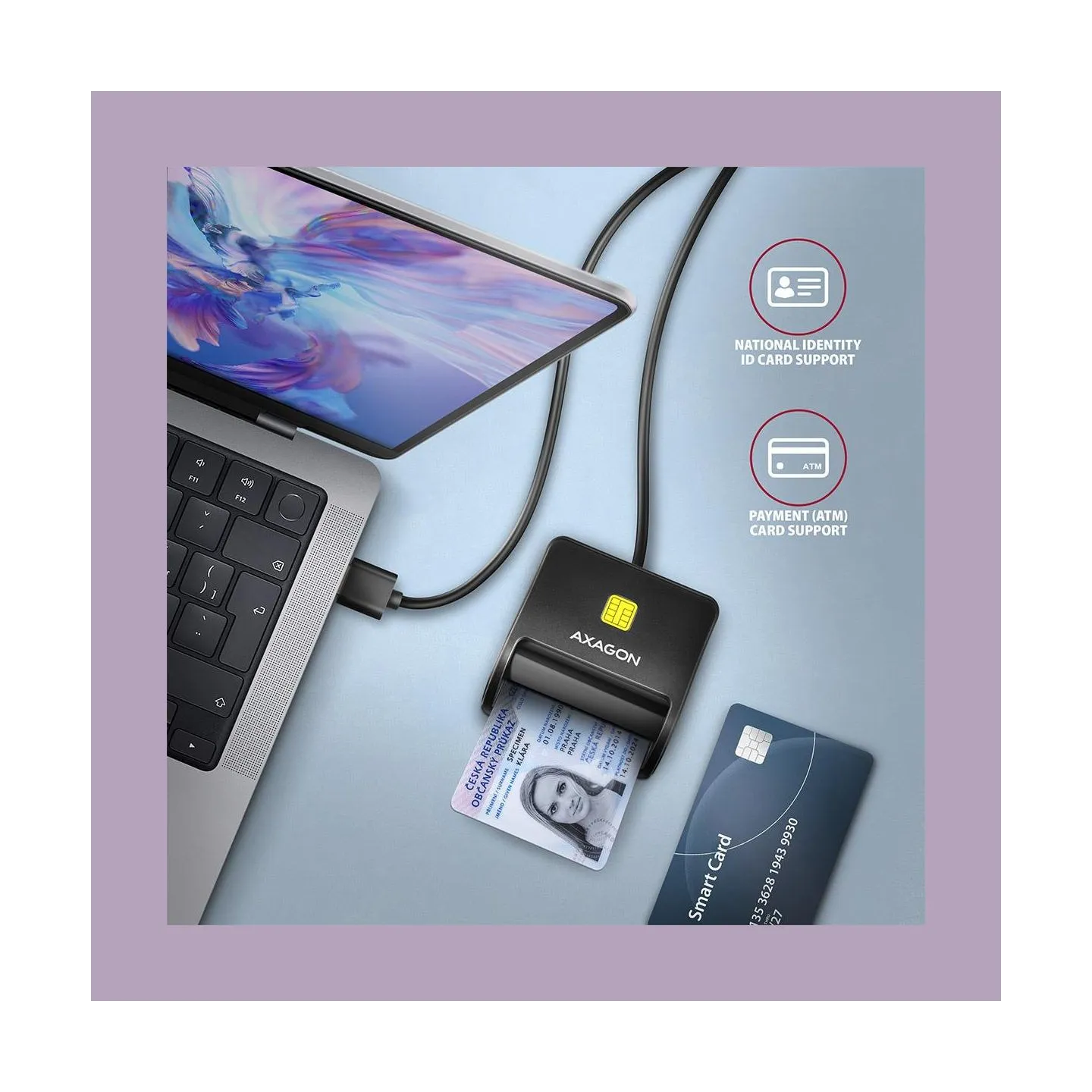 Axagon Compact desktop USB contact Smart/ID & SD/microSD/SIM card reader with long USB-A cable.