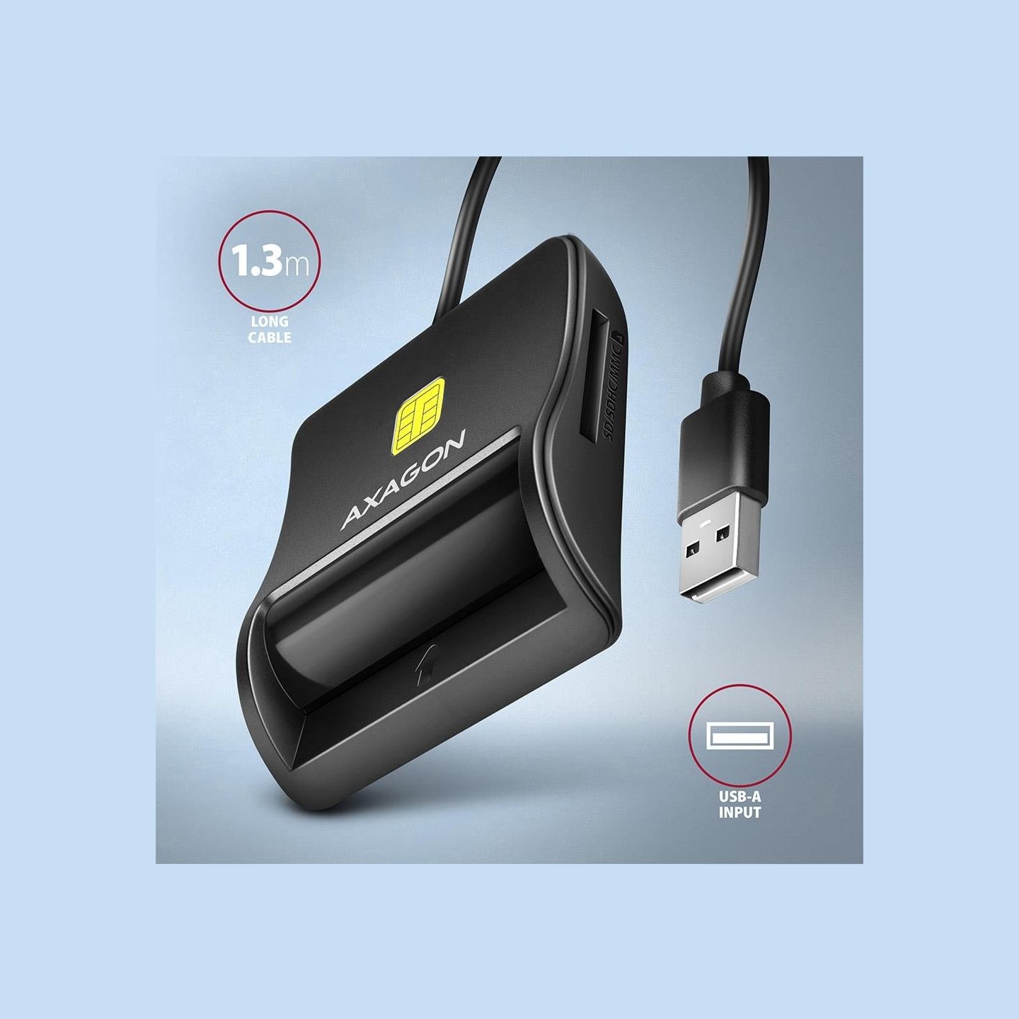 Axagon Compact desktop USB contact Smart/ID & SD/microSD/SIM card reader with long USB-A cable.