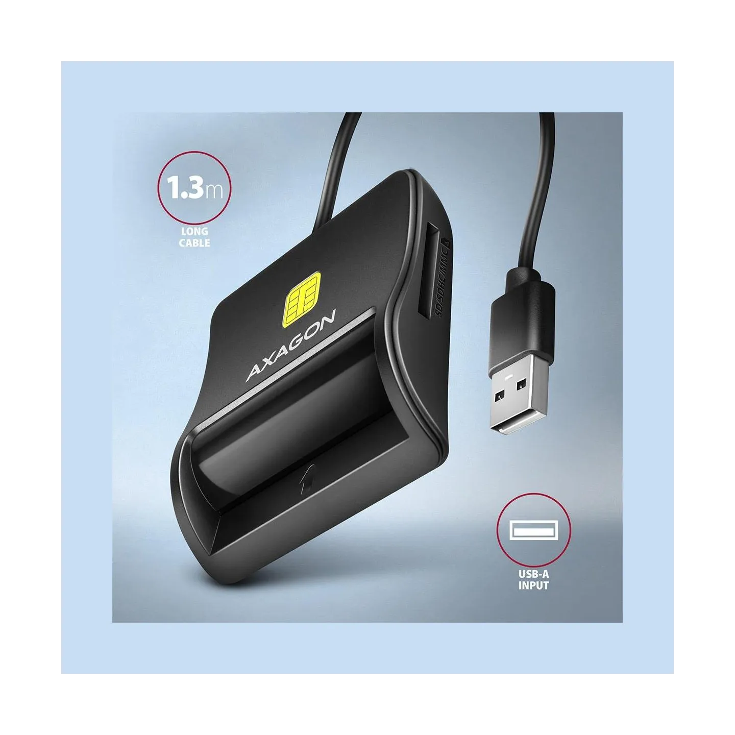 Axagon Compact desktop USB contact Smart/ID & SD/microSD/SIM card reader with long USB-A cable.
