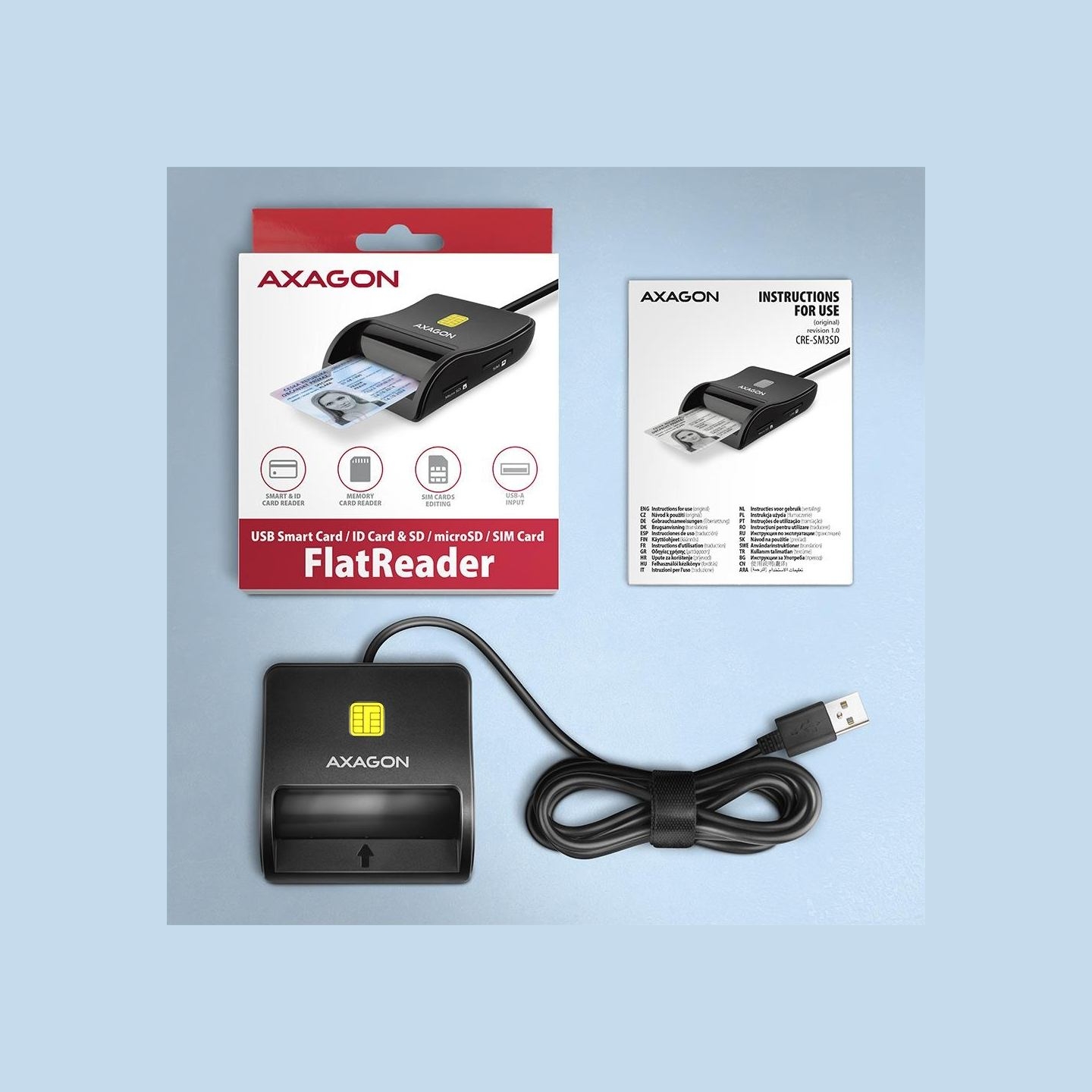 Axagon Compact desktop USB contact Smart/ID & SD/microSD/SIM card reader with long USB-A cable.