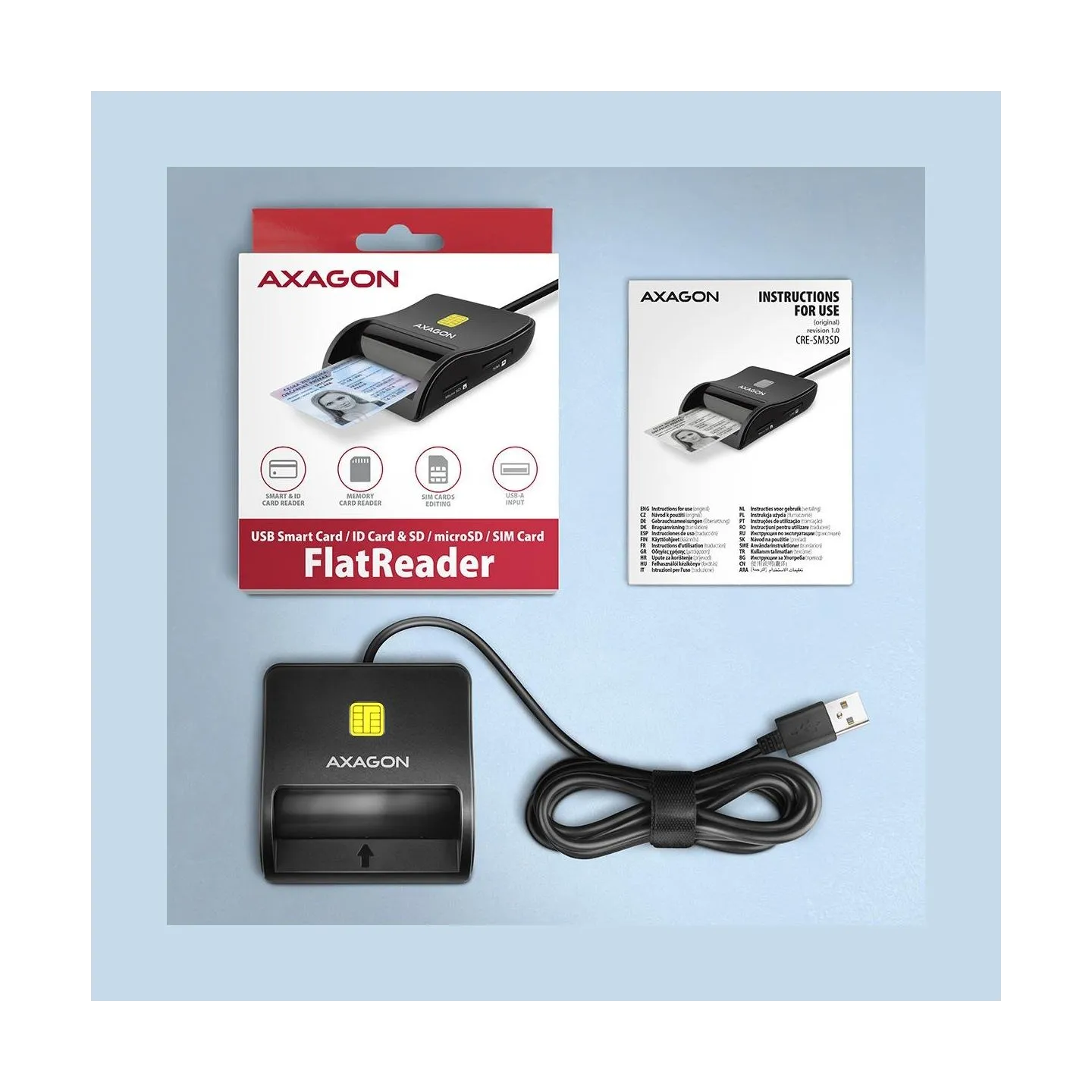 Axagon Compact desktop USB contact Smart/ID & SD/microSD/SIM card reader with long USB-A cable.