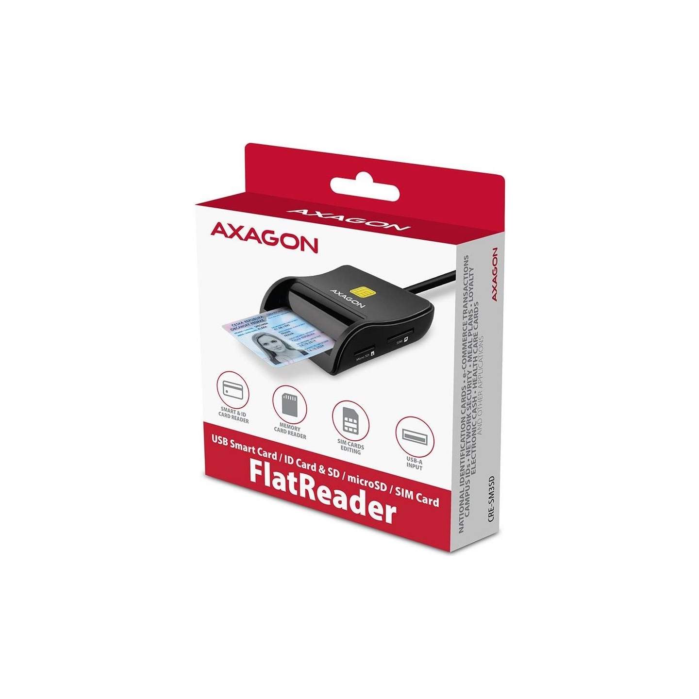 Axagon Compact desktop USB contact Smart/ID & SD/microSD/SIM card reader with long USB-A cable.