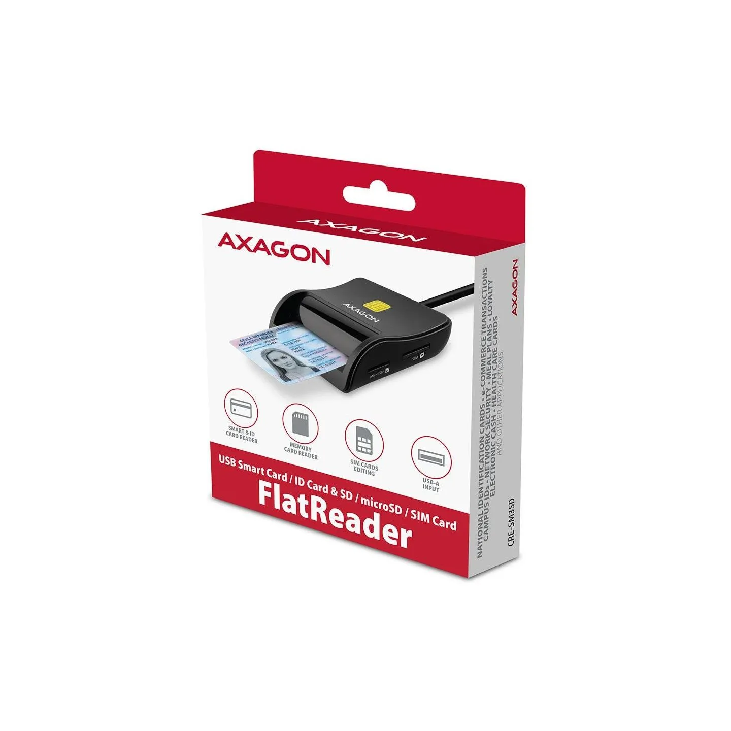 Axagon Compact desktop USB contact Smart/ID & SD/microSD/SIM card reader with long USB-A cable.