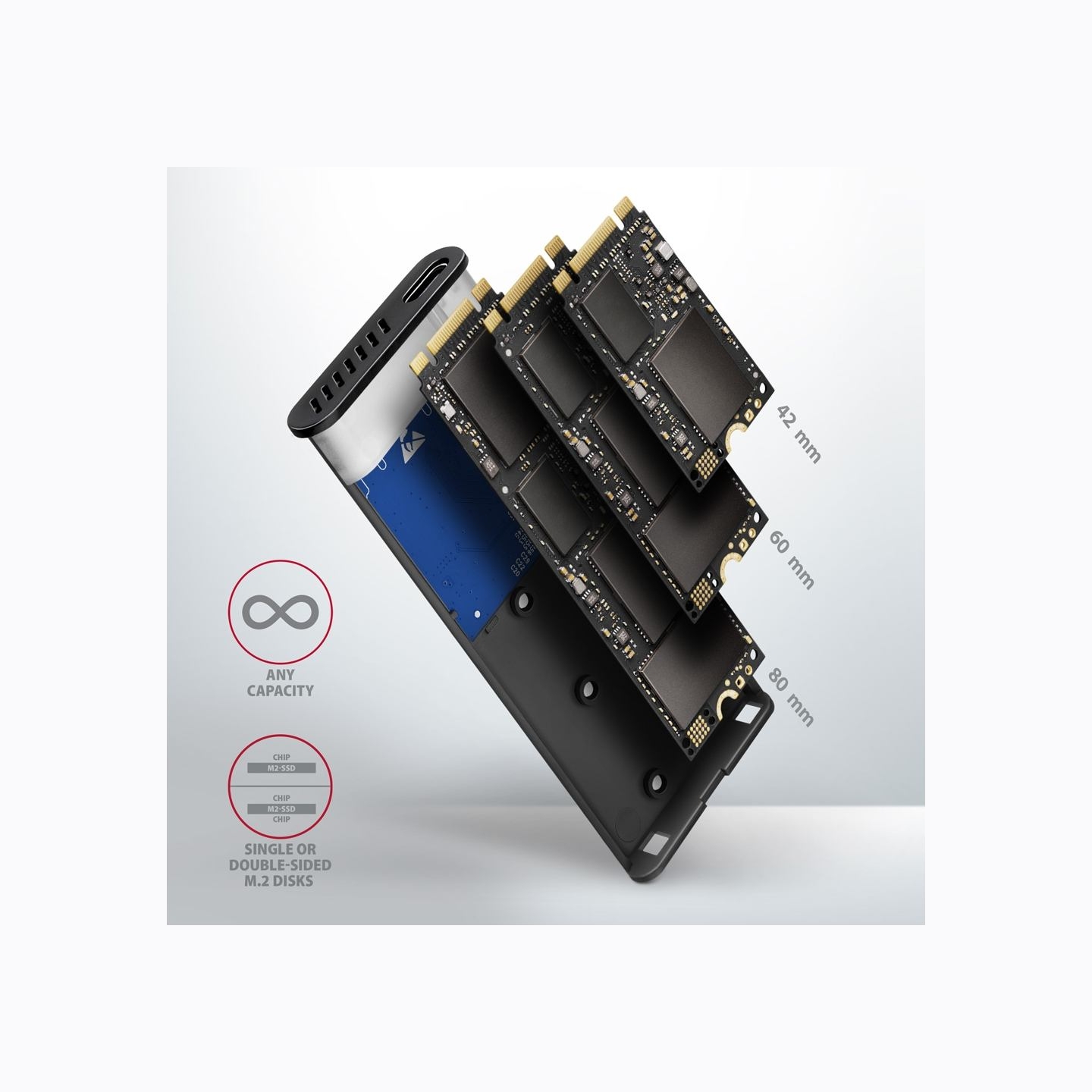 Axagon External USB-C 3.2 Gen 2 metal box for M.2 NVMe & SATA SSD disks. Screwless.