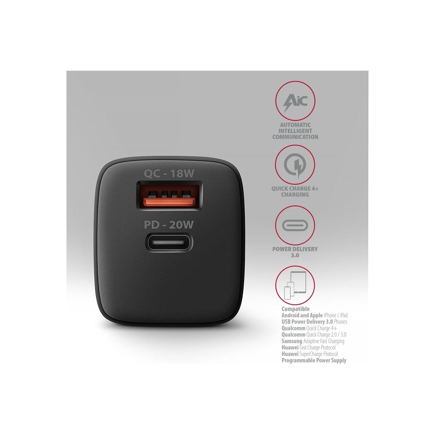 Axagon ACU-PQ20 wall charger QC3.0/AFC/FCP + PD type-C, 20W, black