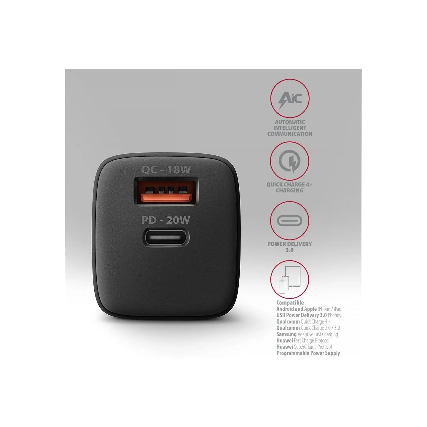 Axagon ACU-PQ20 wall charger QC3.0/AFC/FCP + PD type-C, 20W, black