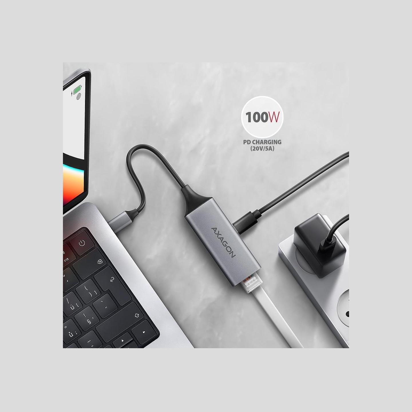 Axagon ADE-TXPD USB-C USB3.2 Gen 1 -  Gigabit Ethernet + PD 100W, Switch comp., metal, grey