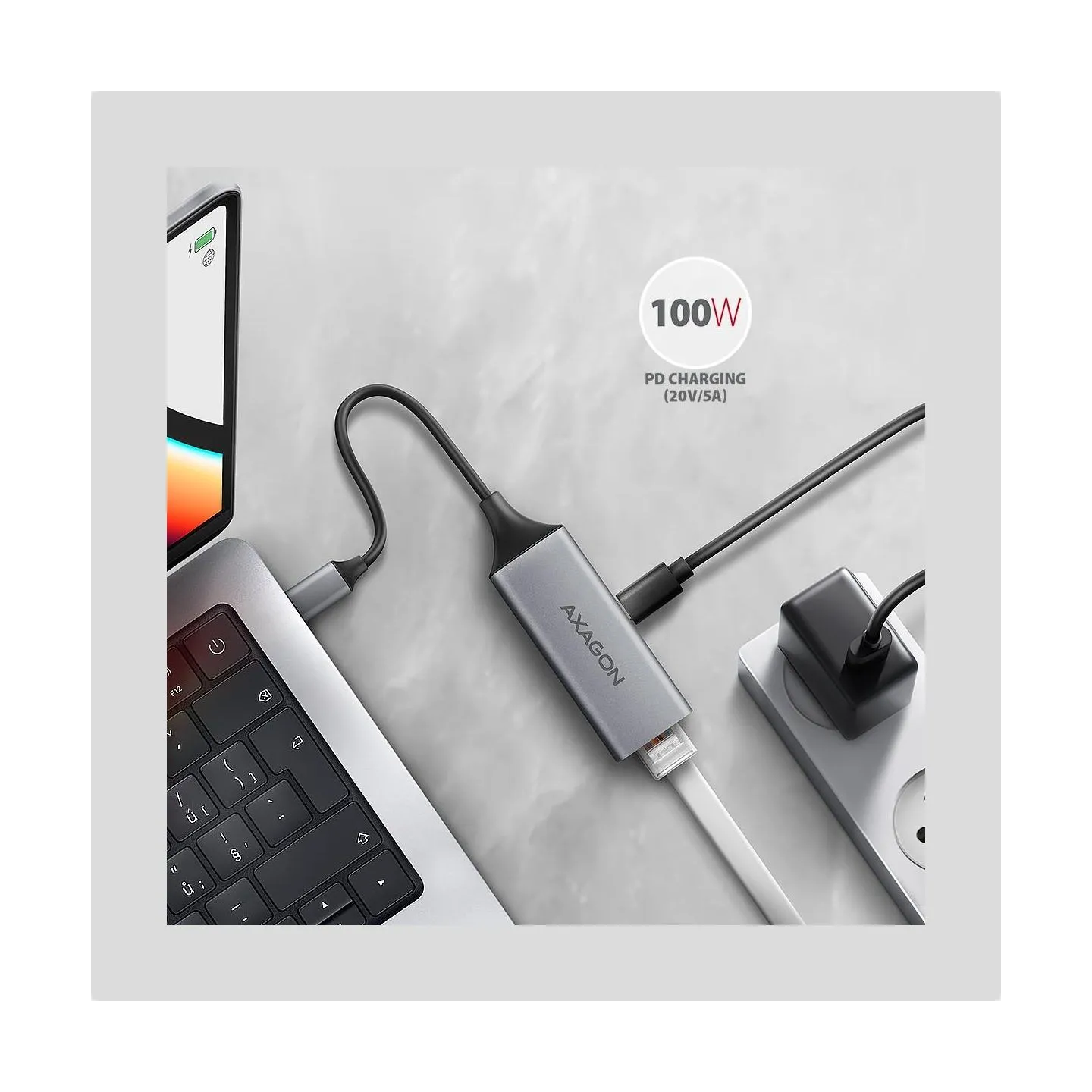 Axagon ADE-TXPD USB-C USB3.2 Gen 1 -  Gigabit Ethernet + PD 100W, Switch comp., metal, grey