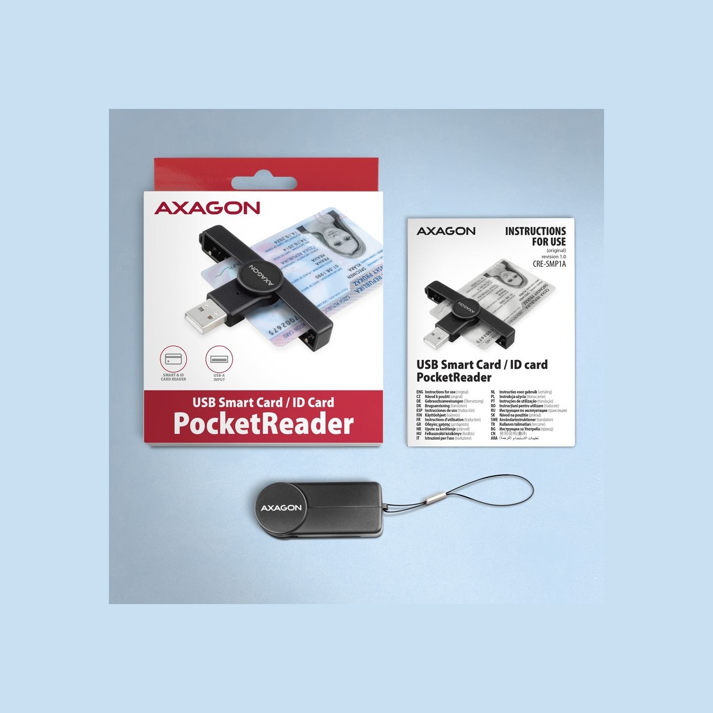 Axagon Foldable pocket USB-A contact Smart / ID card reader.
