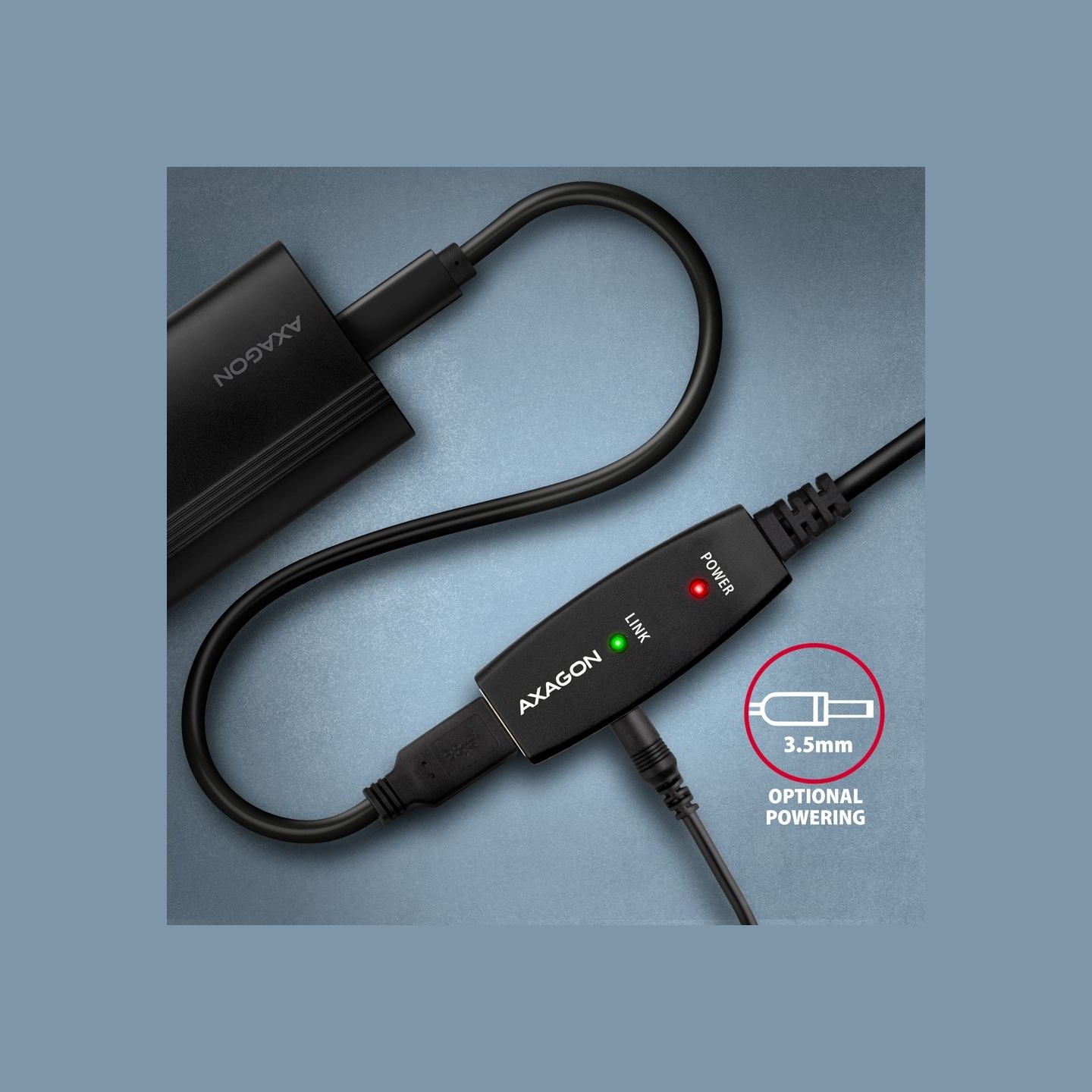 Axagon ADR-215 Active extension USB 2.0 A-M > A-F cable, 15 m long. Power supply option.