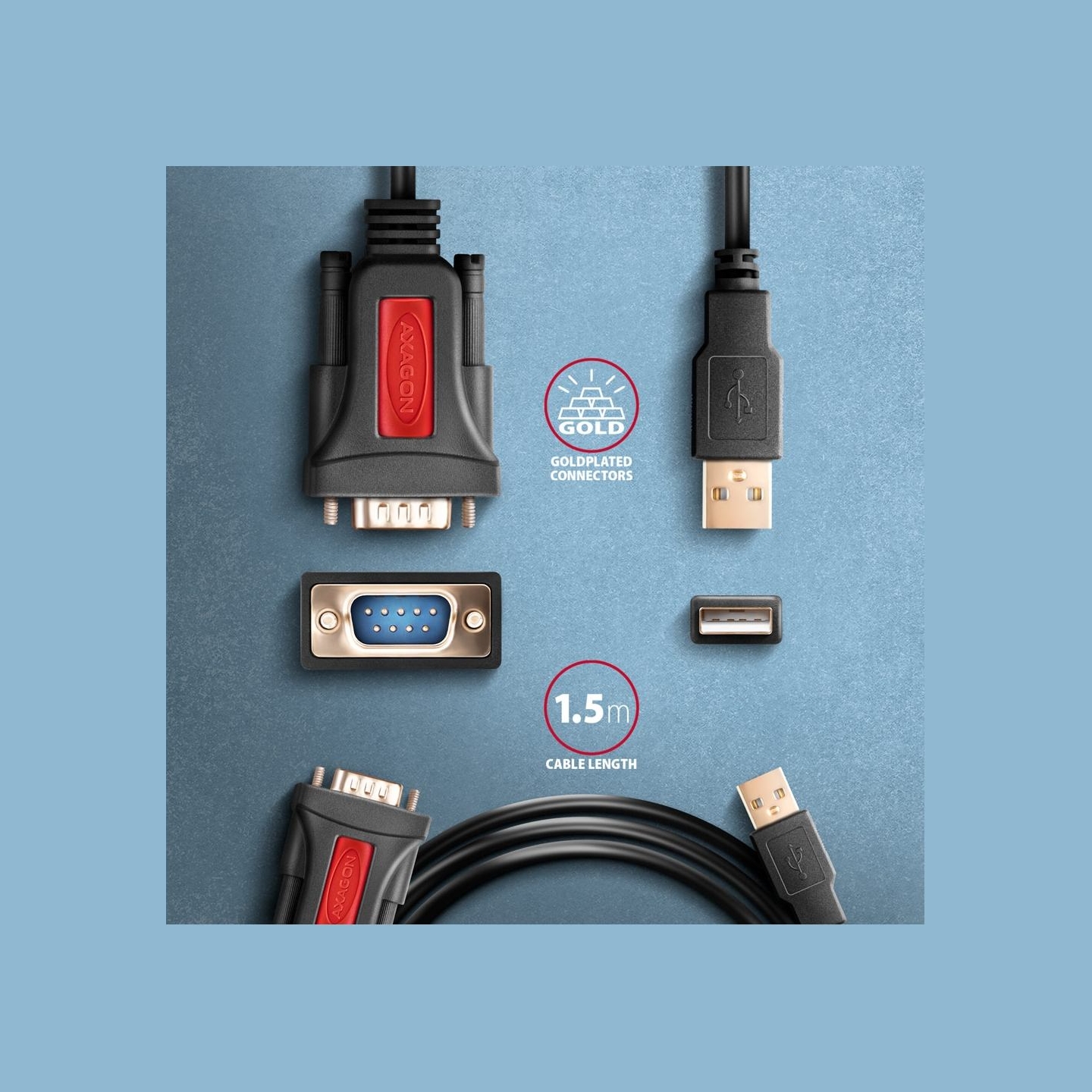 Axagon Active USB-A converter for connecting serial devices. Prolific chip.