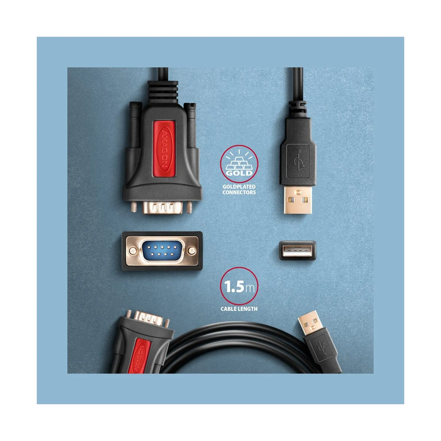 Axagon Active USB-A converter for connecting serial devices. Prolific chip.