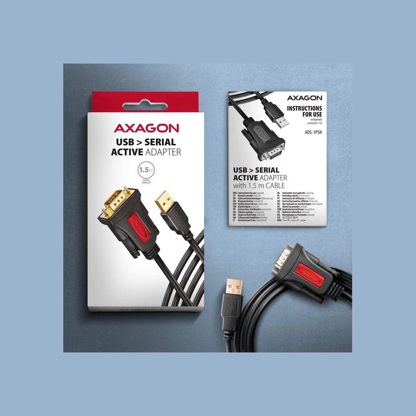 Axagon Active USB-A converter for connecting serial devices. Prolific chip.