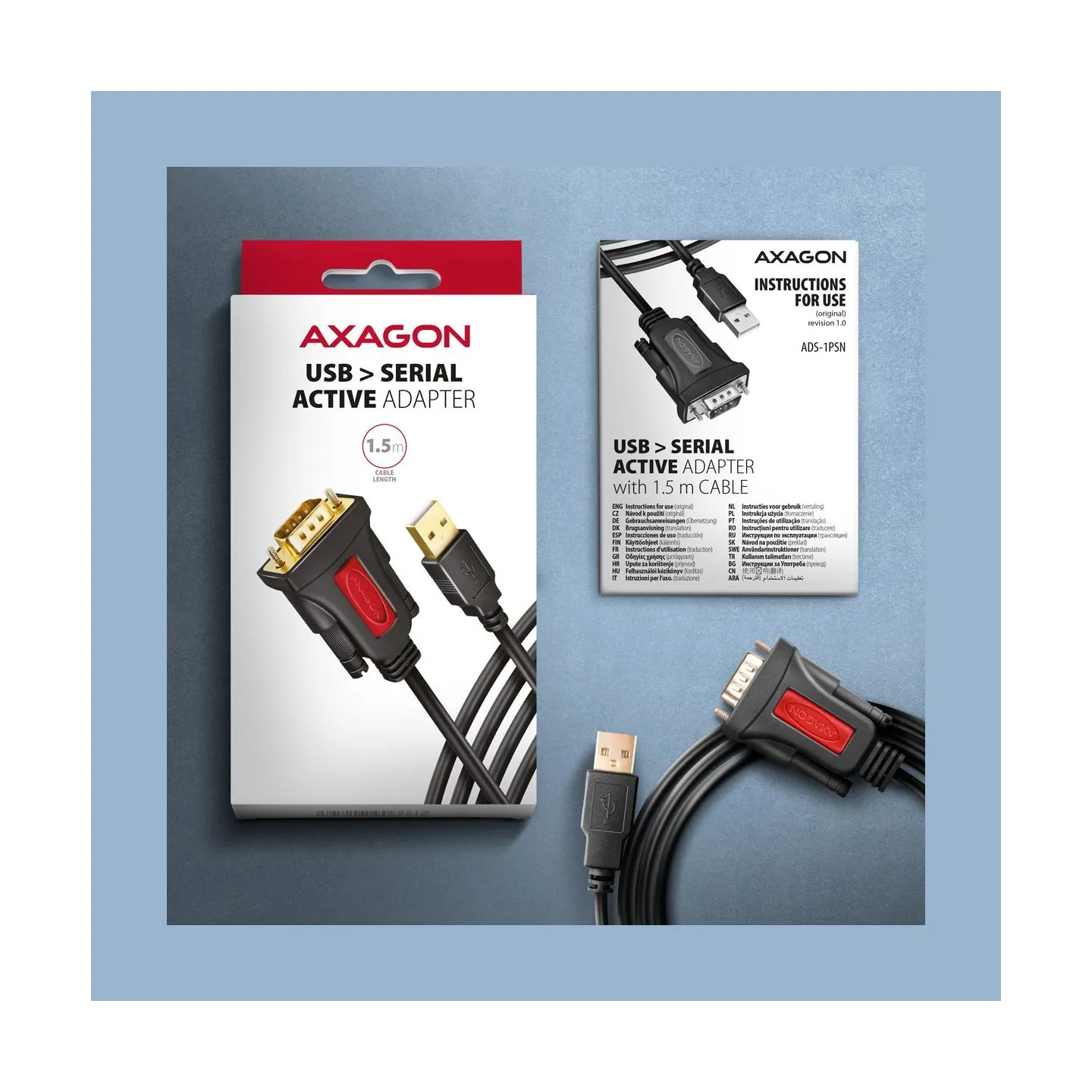 Axagon Active USB-A converter for connecting serial devices. Prolific chip.