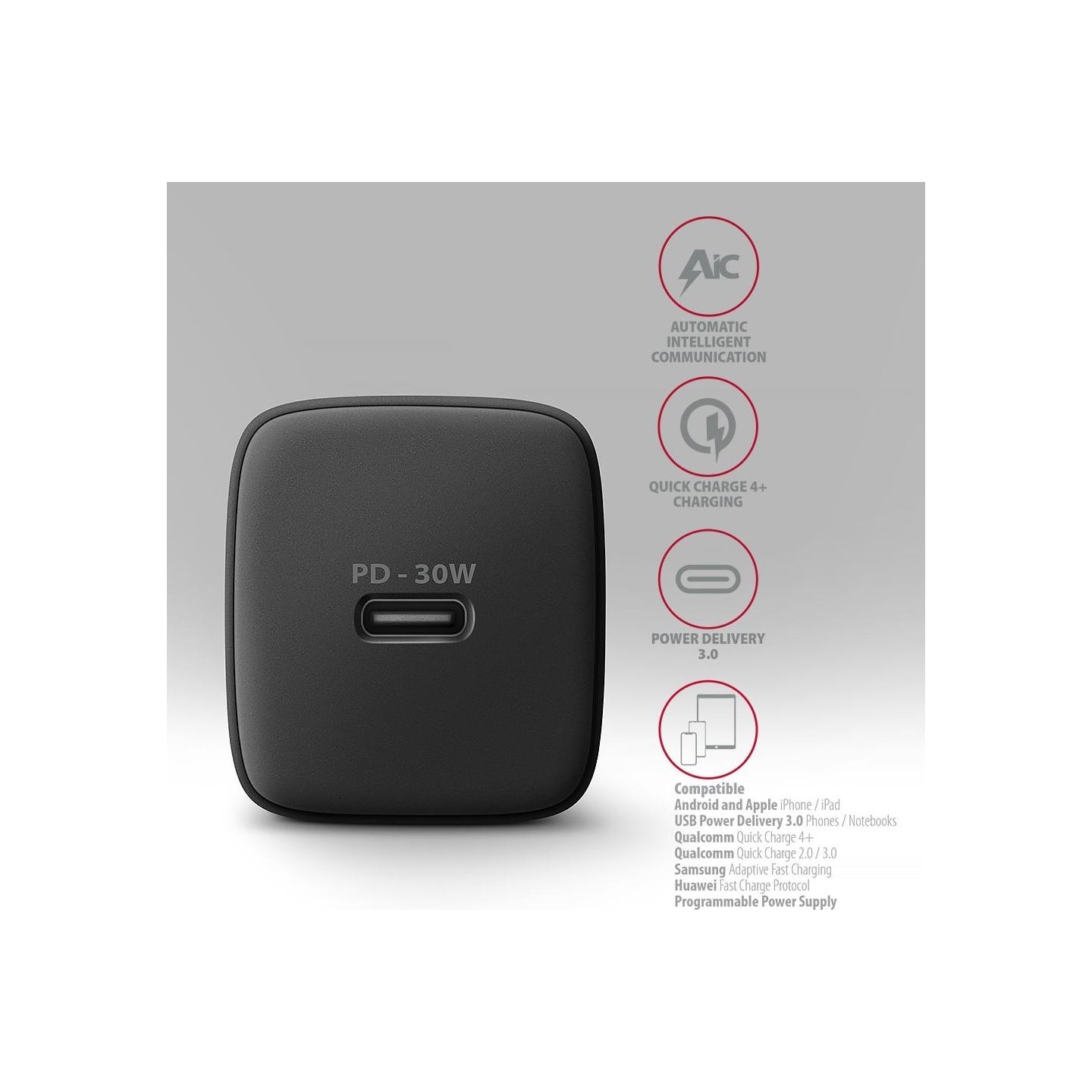 Axagon ACU-PD30 wall charger 1x QC3.0/AFC/FCP/PD type-C, 30W, black