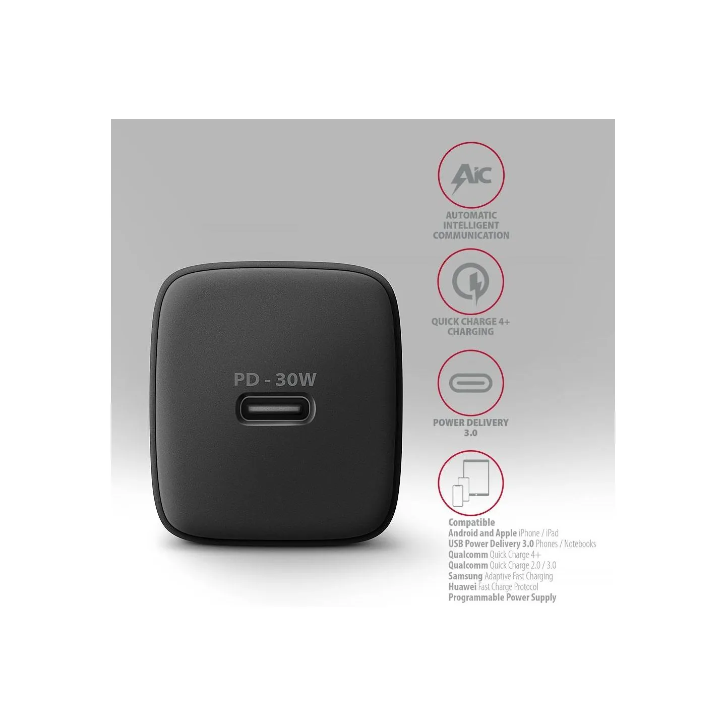 Axagon ACU-PD30 wall charger 1x QC3.0/AFC/FCP/PD type-C, 30W, black