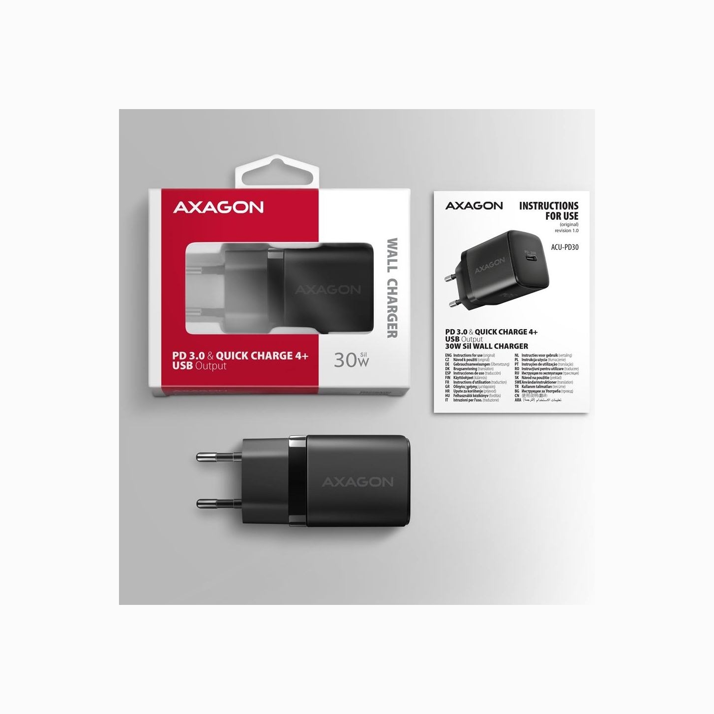 Axagon ACU-PD30 wall charger 1x QC3.0/AFC/FCP/PD type-C, 30W, black