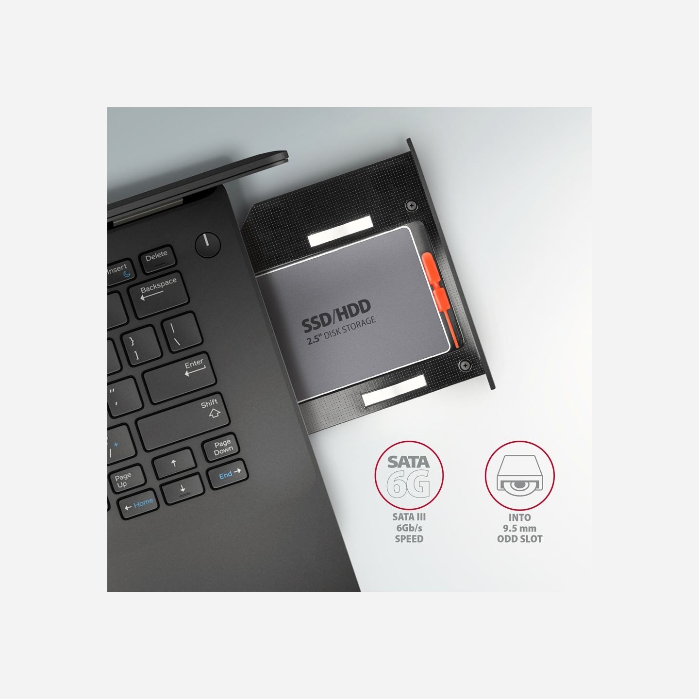Axagon RSS-CD09 2.5" SSD/HDD caddy into DVD slot, 9.5 mm, LED, ALU