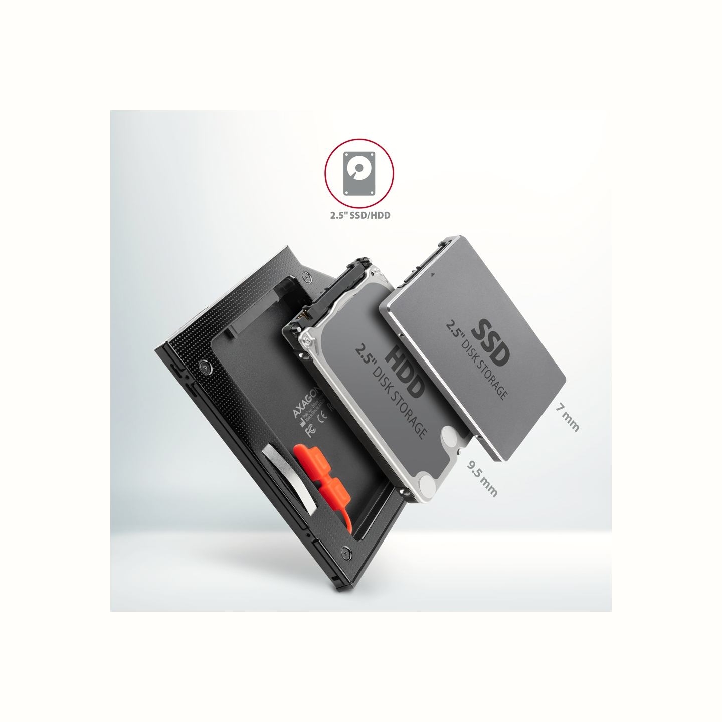 Axagon RSS-CD09 2.5" SSD/HDD caddy into DVD slot, 9.5 mm, LED, ALU