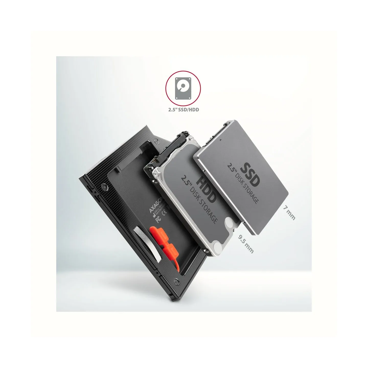 Axagon RSS-CD09 2.5" SSD/HDD caddy into DVD slot, 9.5 mm, LED, ALU