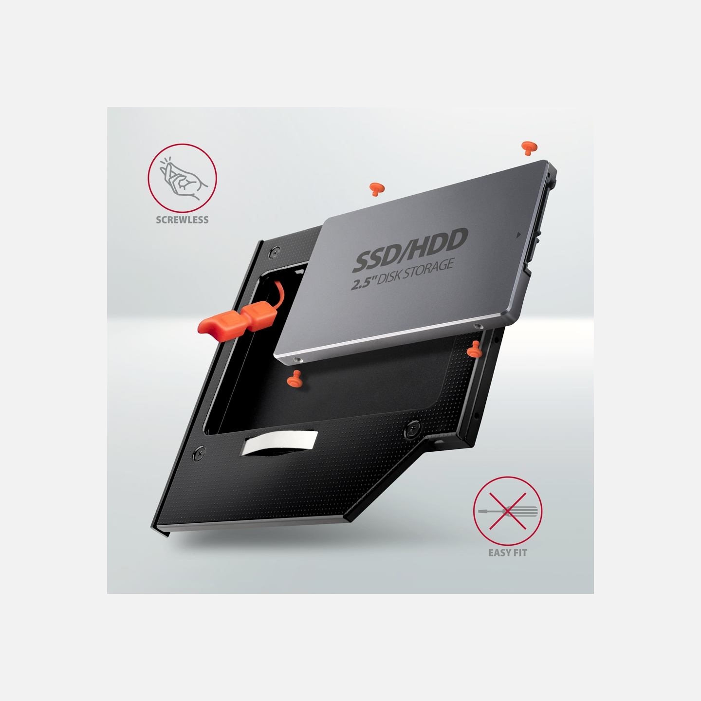 Axagon RSS-CD09 2.5" SSD/HDD caddy into DVD slot, 9.5 mm, LED, ALU