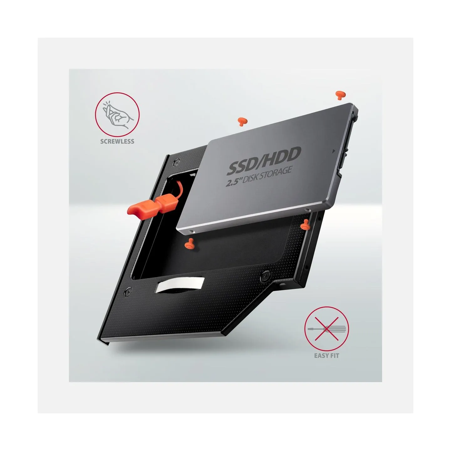 Axagon RSS-CD09 2.5" SSD/HDD caddy into DVD slot, 9.5 mm, LED, ALU