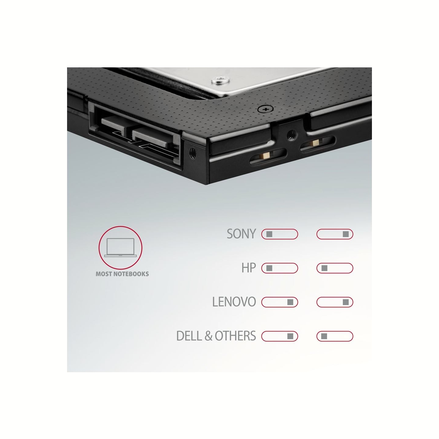 Axagon RSS-CD09 2.5" SSD/HDD caddy into DVD slot, 9.5 mm, LED, ALU