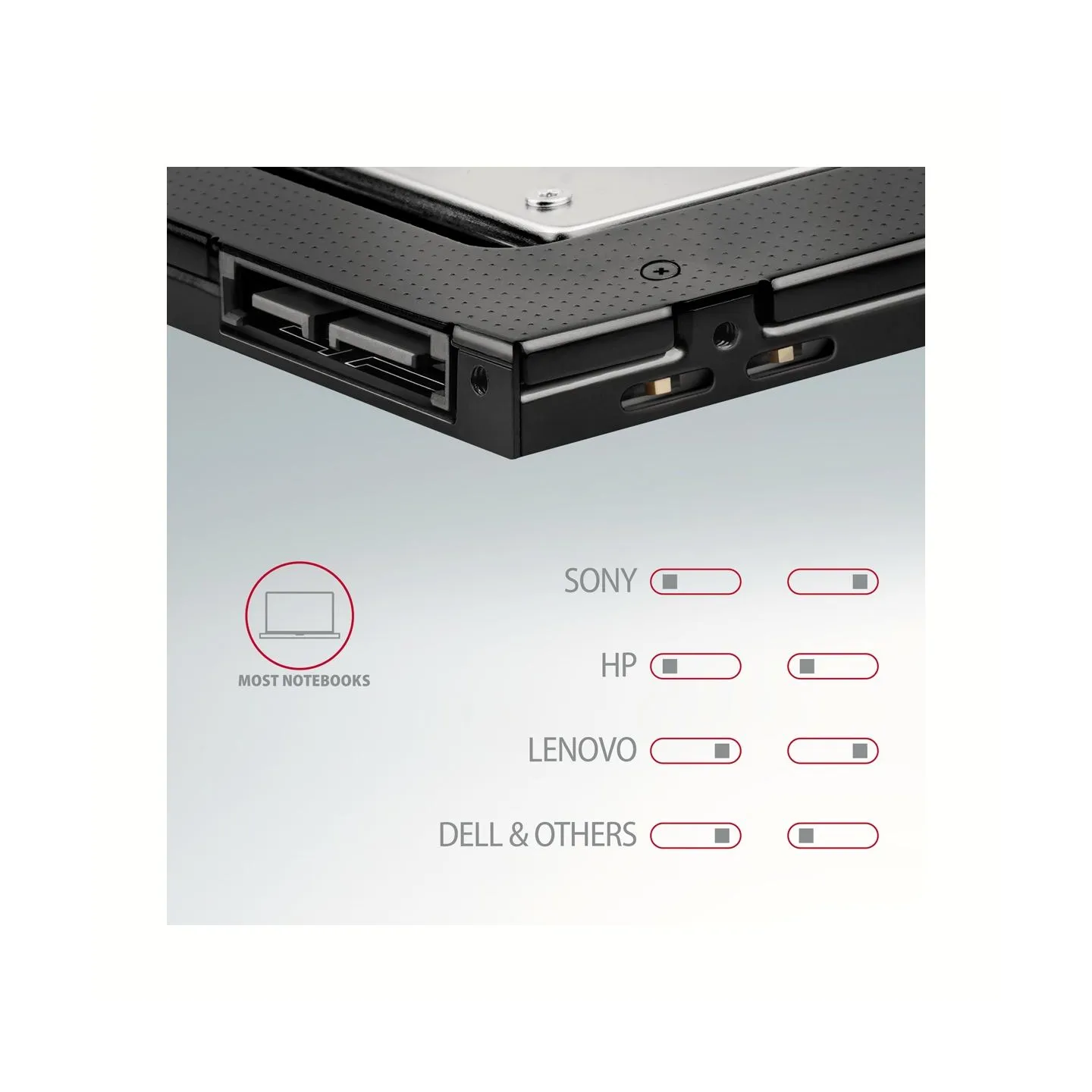 Axagon RSS-CD09 2.5" SSD/HDD caddy into DVD slot, 9.5 mm, LED, ALU